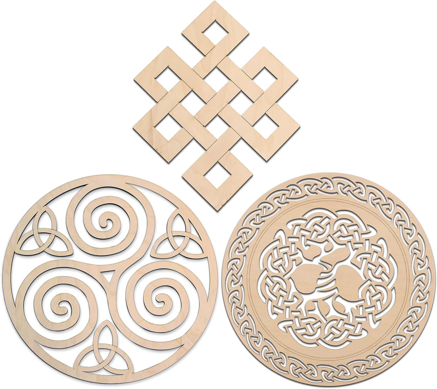 Fourth Level MFG 12" 3PCS Set B (Triskelion, Tree of Life, Infinity Knot), Ancient Celtic Wood Wall Art, Gaelic Symbol, Sacred Mystical Sculpture for Hanging Home Decor