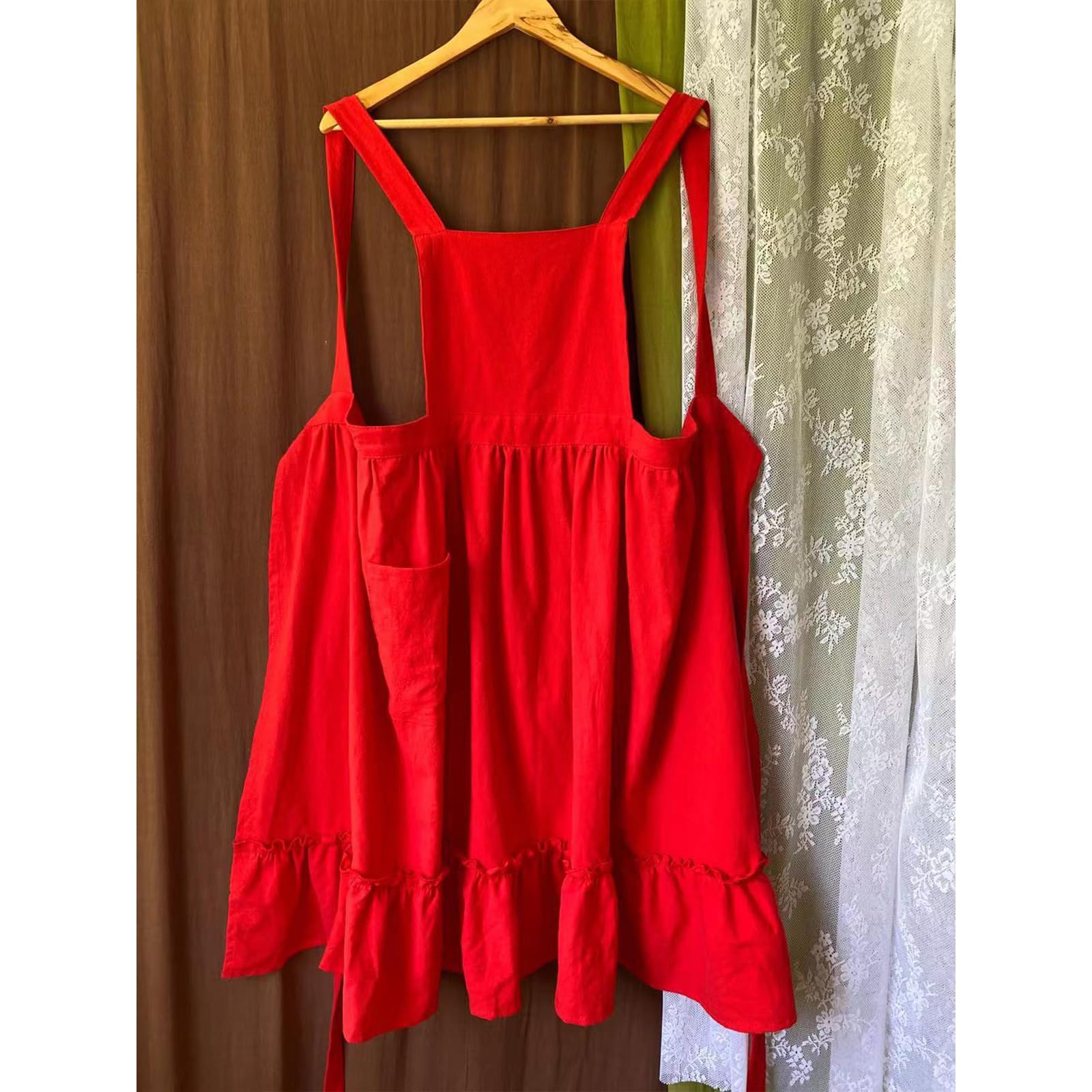 Grembiule in cotone e lino con volant per donne e ragazze, stile vintage, per cucinare, giardinaggio, lavoro, cameriera, grembiule con tasche