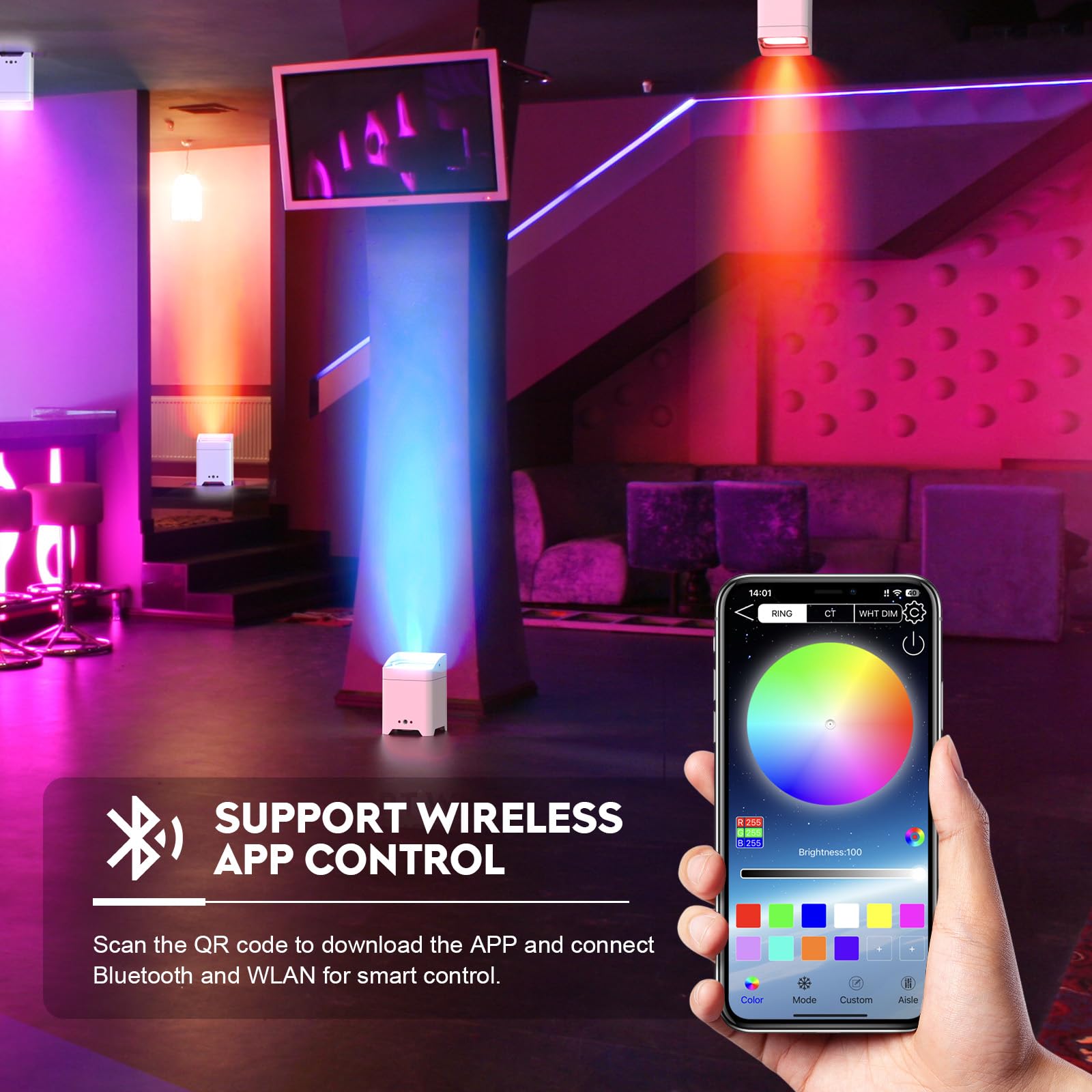 108W APP Par LED Batteria Ricaricabile, 9600mAh RGBWA+UV Luci da Palco con Telecomando/DMX Luci Discoteca per Club Party Outdoor Matrimonio Halloween Natale