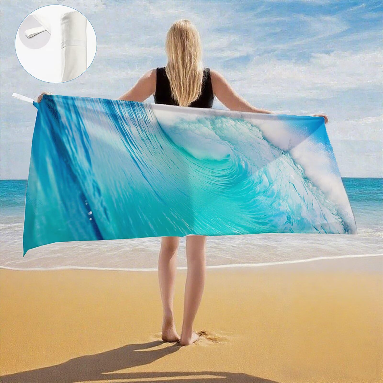 Serviette Plage Bleu Motif, Serviette de Plage XXL 100x180 avec Sac, Serviettes de Bain Microfibre Séchage Rapide Anti-Sable Absorbante Fonction pour Bain, Sport, Voyages, Sauna, Piscine Q-638