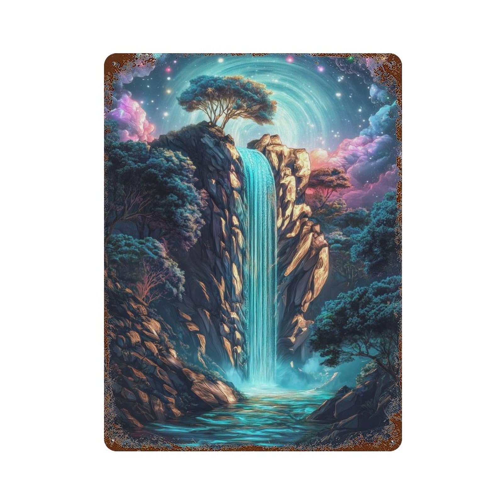 Mystical Waterfall Rustic Tin Plaque 15.7"x11.8", Ideal for Shed, Workshop And Garage Wall Decor