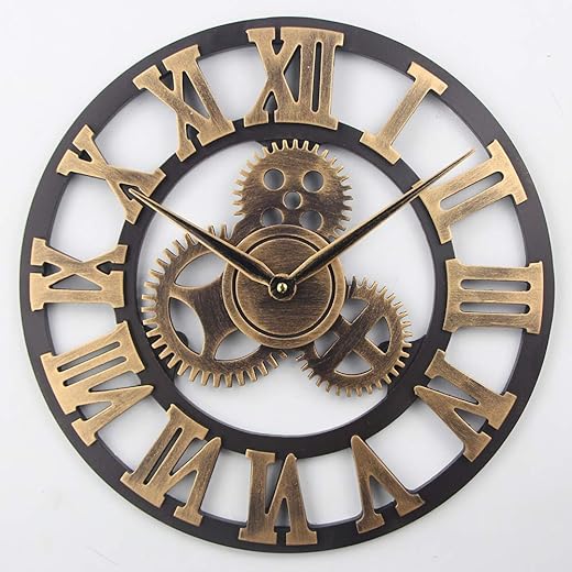 Timelike Large 3D Retro Wall Clock, Silent Non-Ticking Wooden Gear Wall Clock Rustic Vintage Quartz Clocks for Home Living Room Decoration (Bronze-Roman Numbers, 18 Inch)
