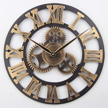 Timelike Large 3D Retro Wall Clock, Silent Non-Ticking Wooden Gear Wall Clock Rustic Vintage Quartz Clocks for Home Living Room Decoration Bronze-Roman Numbers, 18 Inch