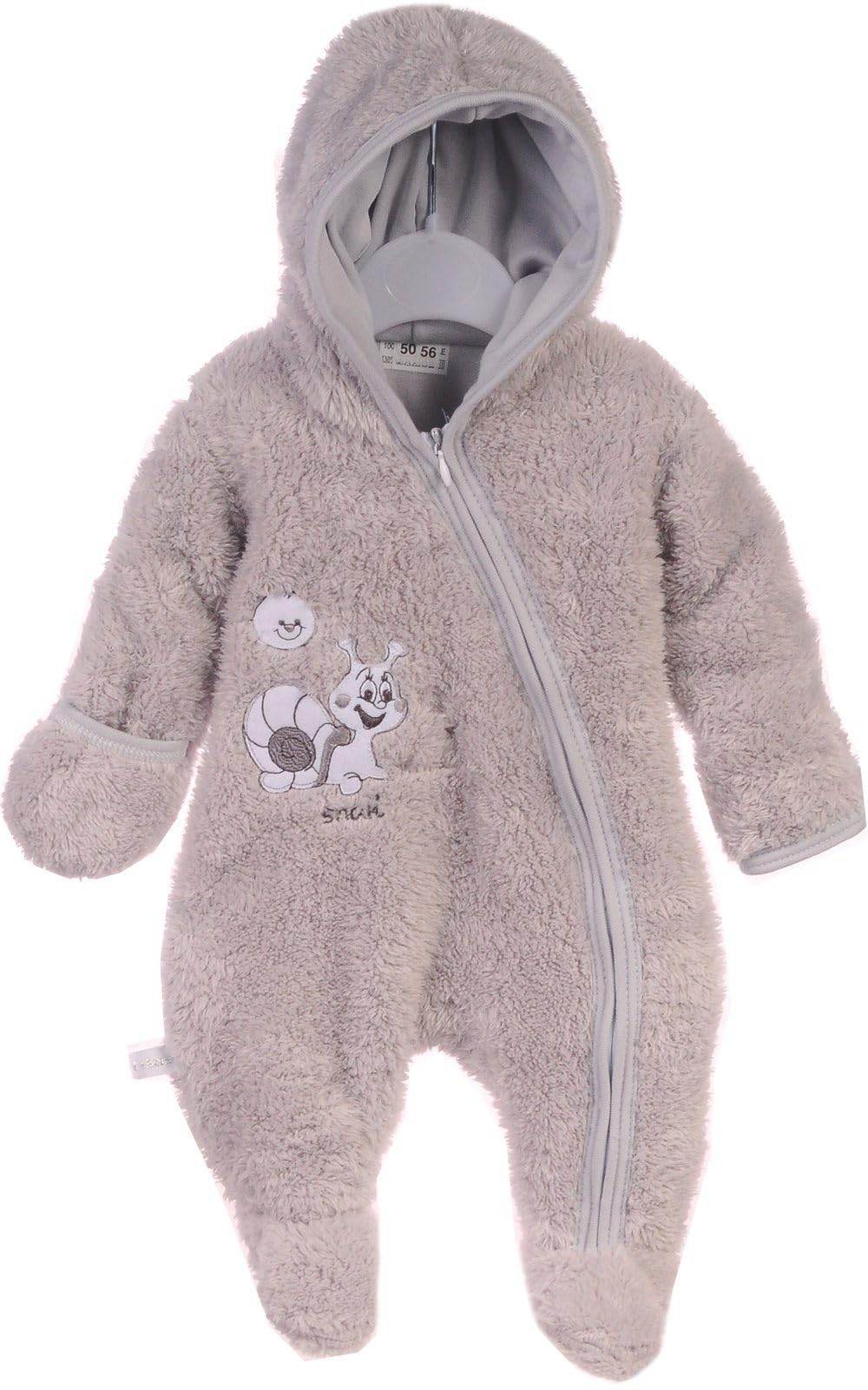 Overall Baby Wagenanzug – Größen 50 56 62 68 74 – Übergangsanzug warm aus Frottee-Stoff mit Baumwollfutter und Umschlagärmeln – Grau Unisex