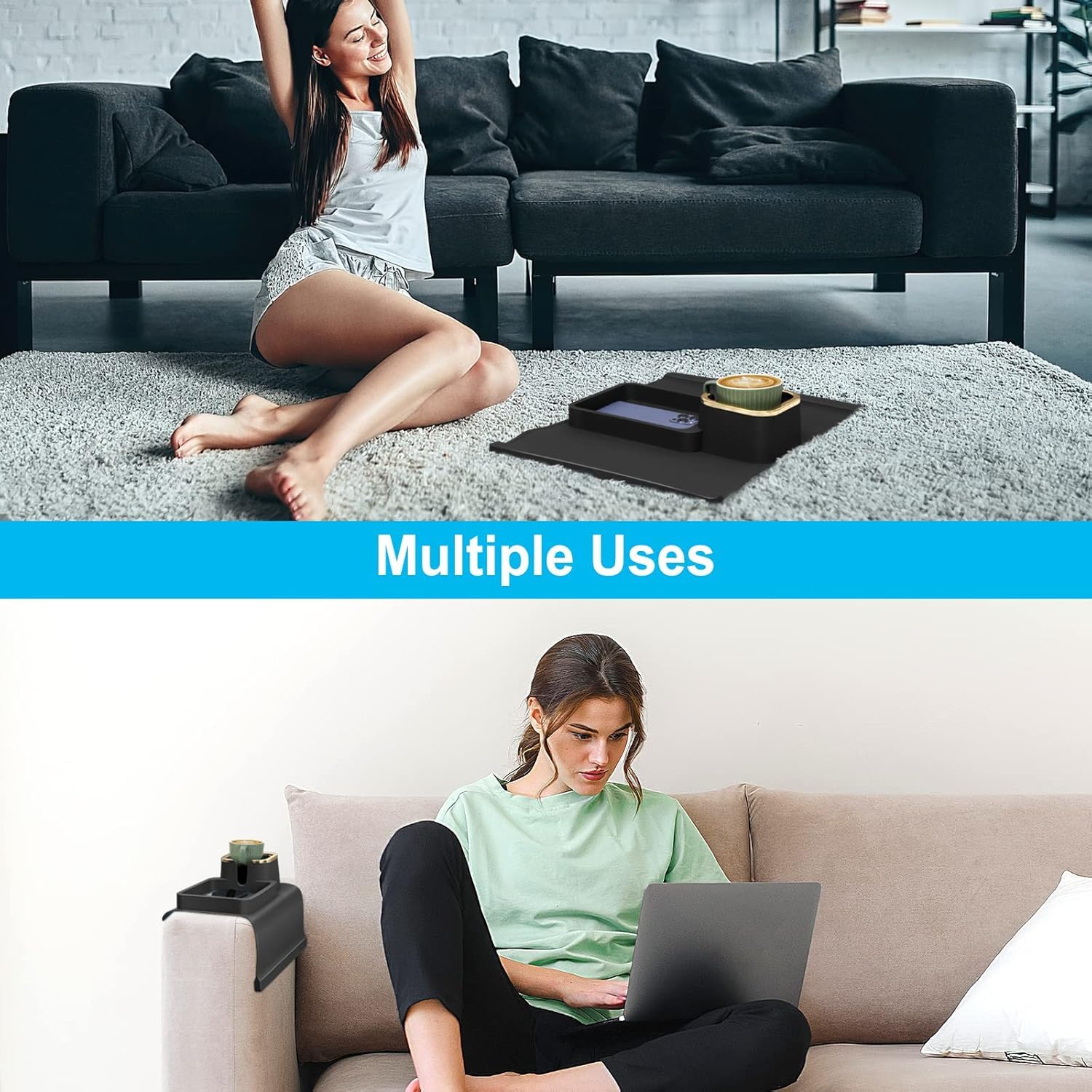 BLURISM Table for Coffee Mug/Remote/Snacks/Cellphone, Grandpa Couch Cup Holder Tray, Silicone Anti-Slip and Anti-Spill Sofa Armrest Tray with Drink Holder, Couch Arm 1