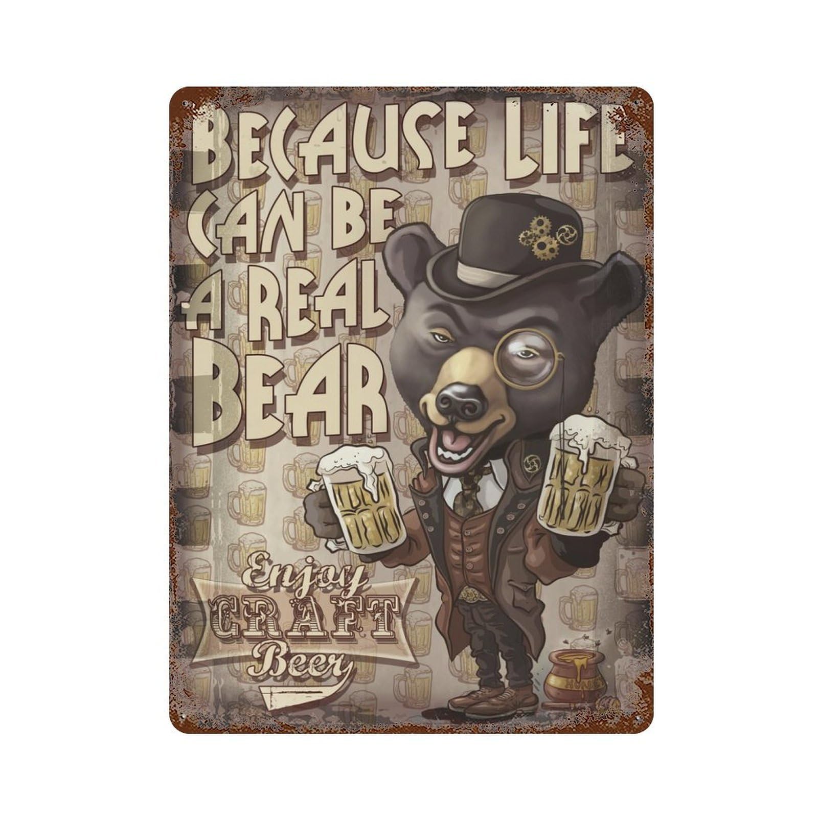 Retro Metal Sign with Craft Beer Bear Design 15.7"x11.8", for Living Room, Hallway And Home Decor, Farmhouse Wall Decor