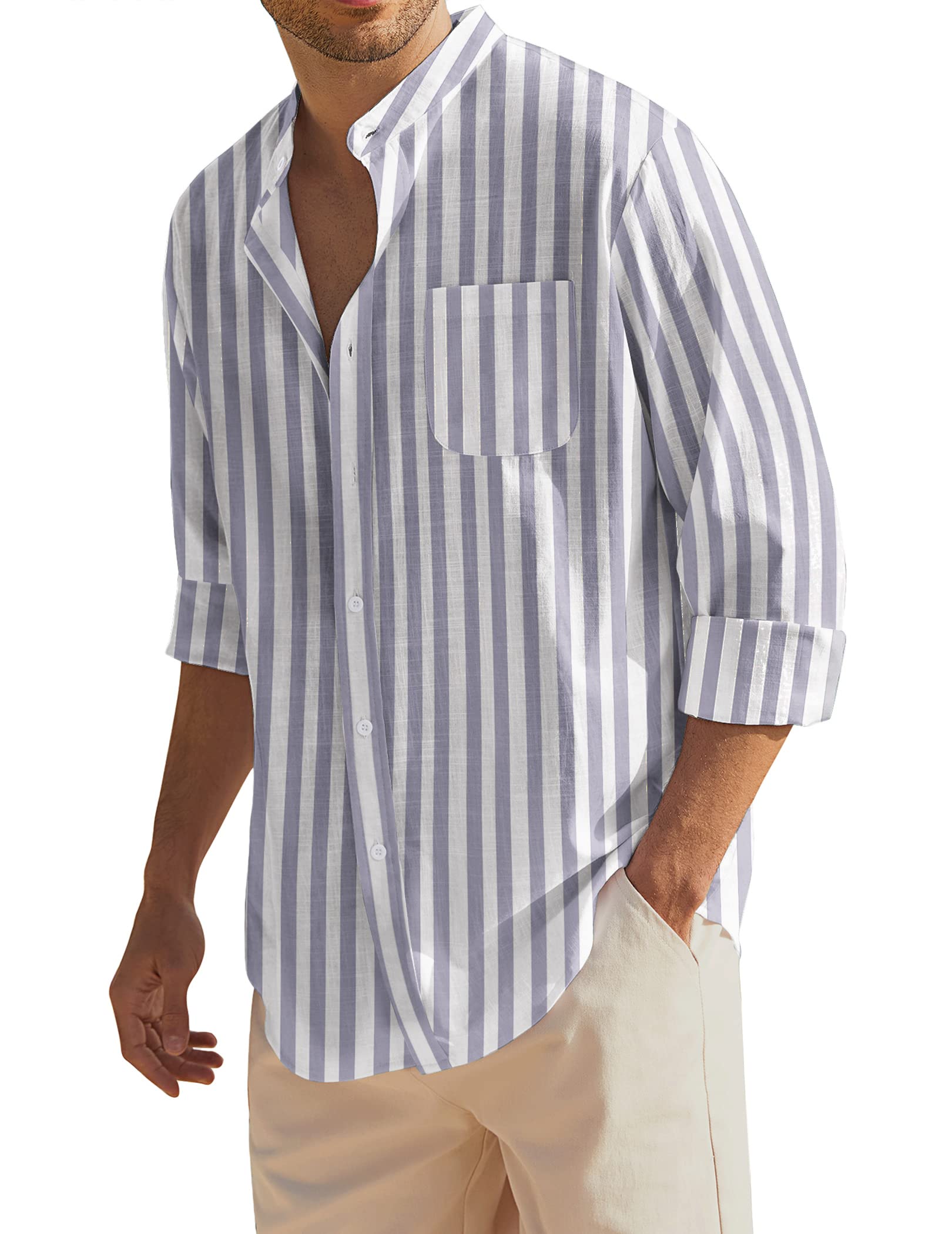 Men's Long Sleeve Cotton Linen Shirt Beach Button Down Shirts Casual Button Up Shirt Summer Yoga Tops with Pocket