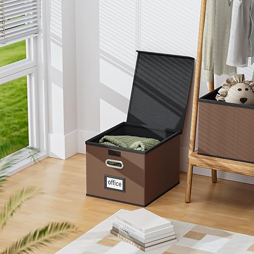 Vista 248 de Huolewa Cajas organizadoras de archivos con tapas, plegables de lino para colgar y almacenar con tobogán de plástico para oficina/decoración/hogar
