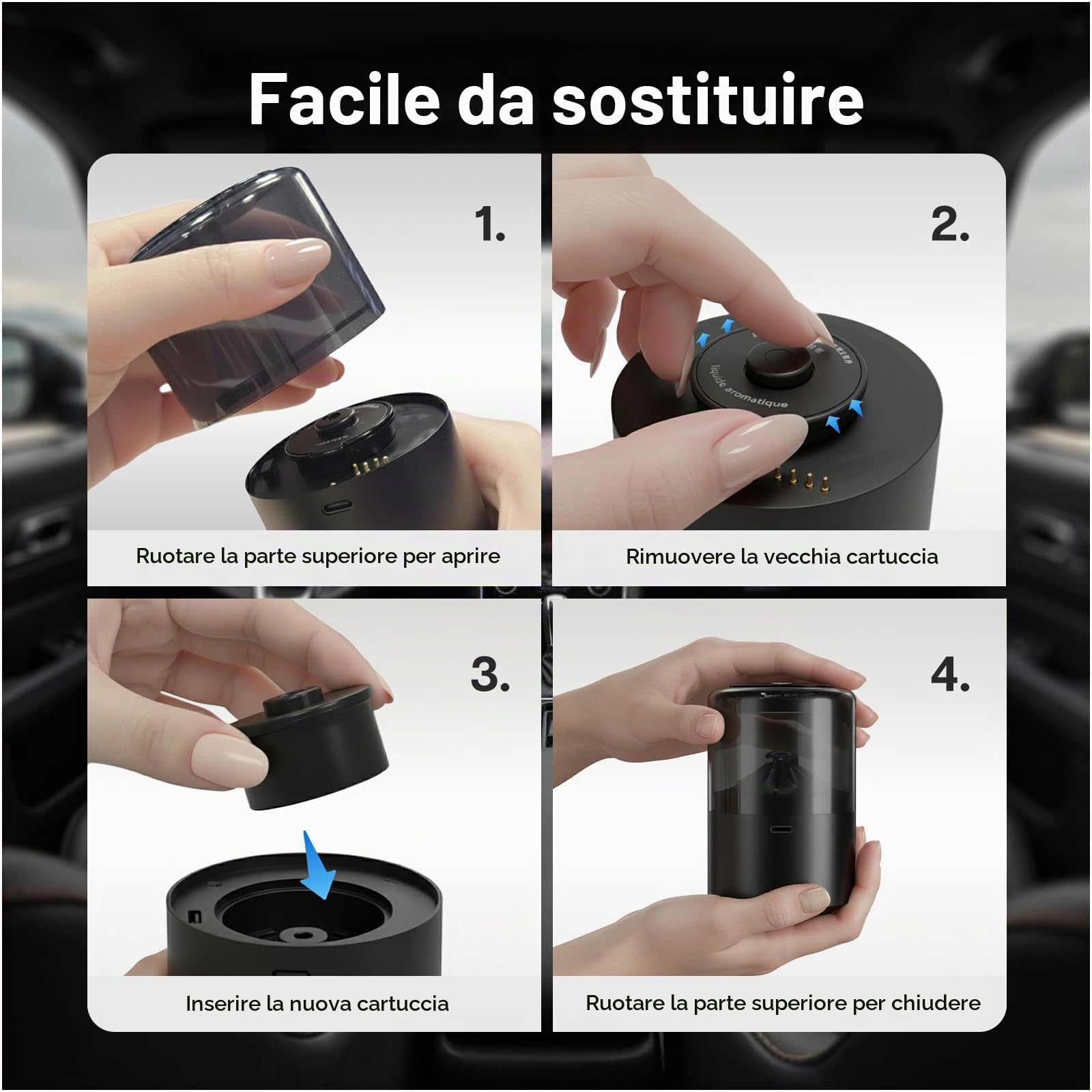 Profumatore Auto Diffusore con Fragranza Blue Ocean di MMOBIEL – Diffusore per Auto con 2 Modalità di Spruzzo, 4 Livelli, Accensione/Spegnimento Automatico e Cavo – USB/Batteria – Senza Fiamma