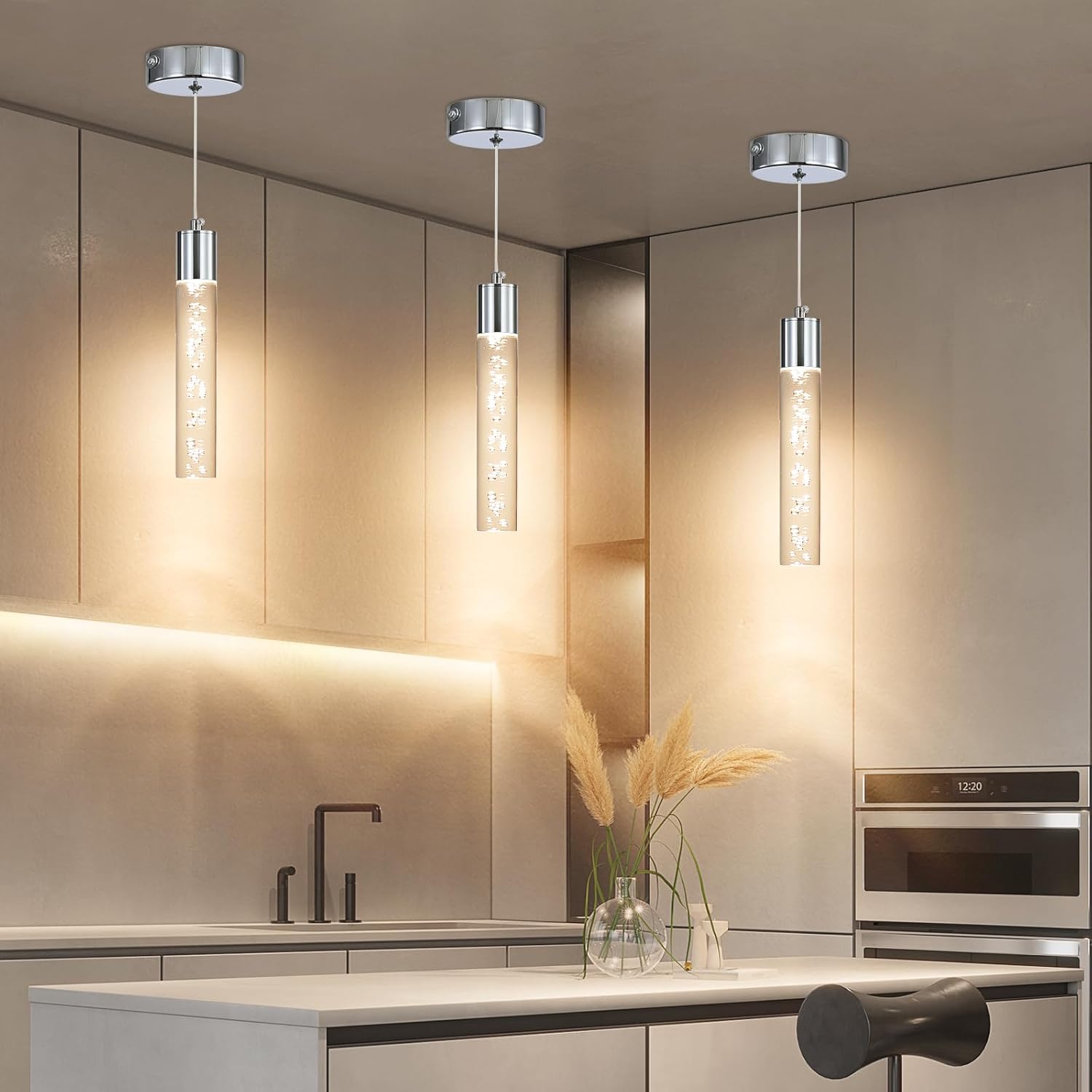 3 Pack Modern LED Pendant Light, Chrome Bubble Hanging Ceiling Lamp Fixture, 3 Color 2700K/4500K/6500K, Small Kitchen Island Chandelier Over Table for Dining Room, Living Room, Bedroom, Bar, Cafe