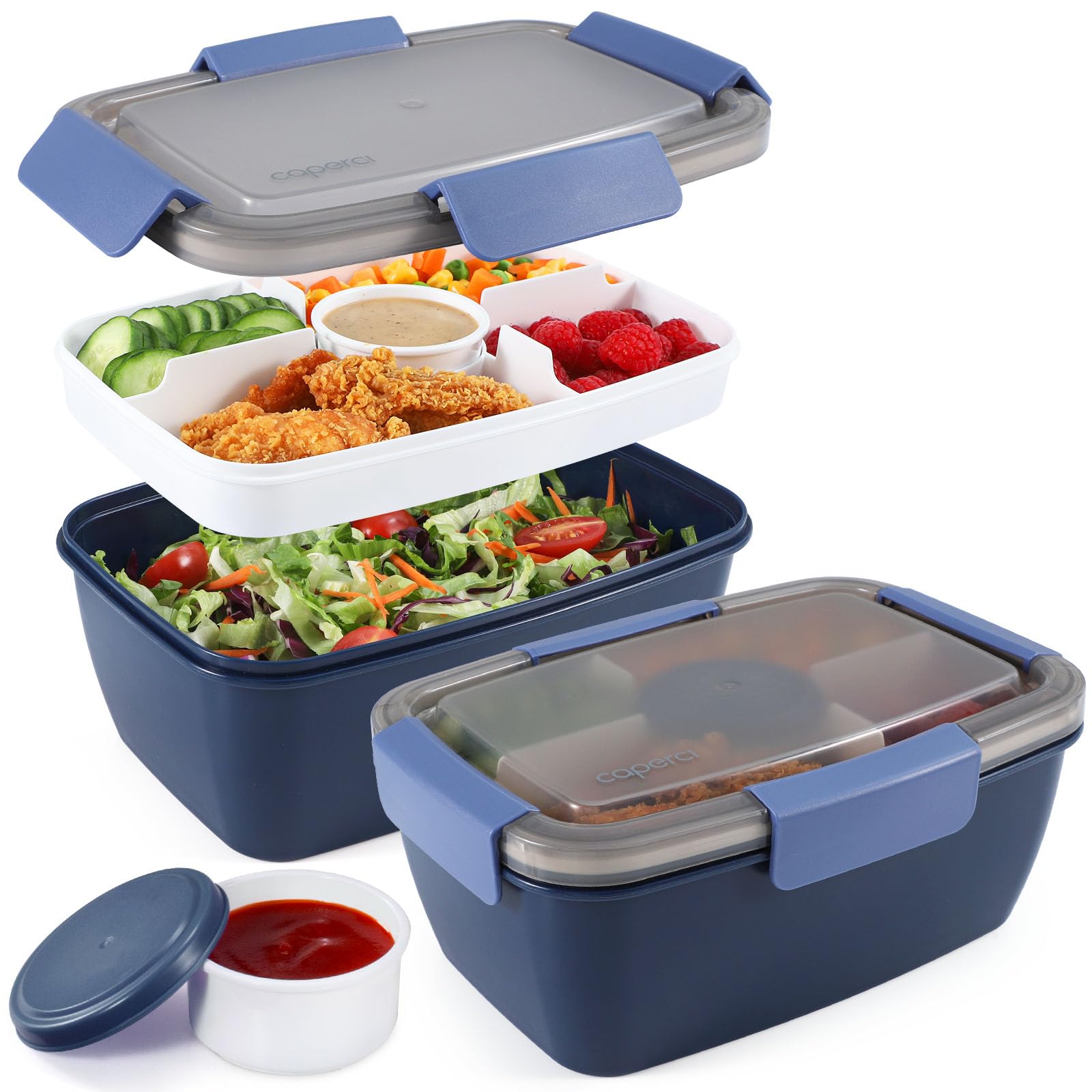 Caperci 2 Pack Large Salad Container for Lunch - 68 oz Salad Bowls To Go, Leakproof Bento Box Adult with 5 Compartments Tray, 4pcs 3-oz Sauce Cups, Reusable Spork & BPA-Free (Navy)