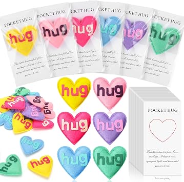 Fanfanwin 24 Set Pocket Hug Gifts Bulk, Handmade Felt Hug Heart with Inspirational Cards and Bags, Gifts for End of Year Student, Mothers Day, Teacher, Nurse, Adults Party Favor