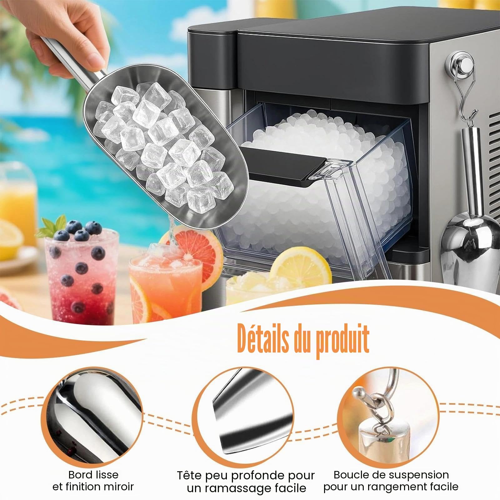 Lot de 2 Pelles à Glaçons 9 Pouces 304 en Acier Inoxydable Pelle à Glace Multifonction Pelle à Glace à Farine avec 2 Pcs Crochets Magnétique pour Cuisine Bar Restaurant