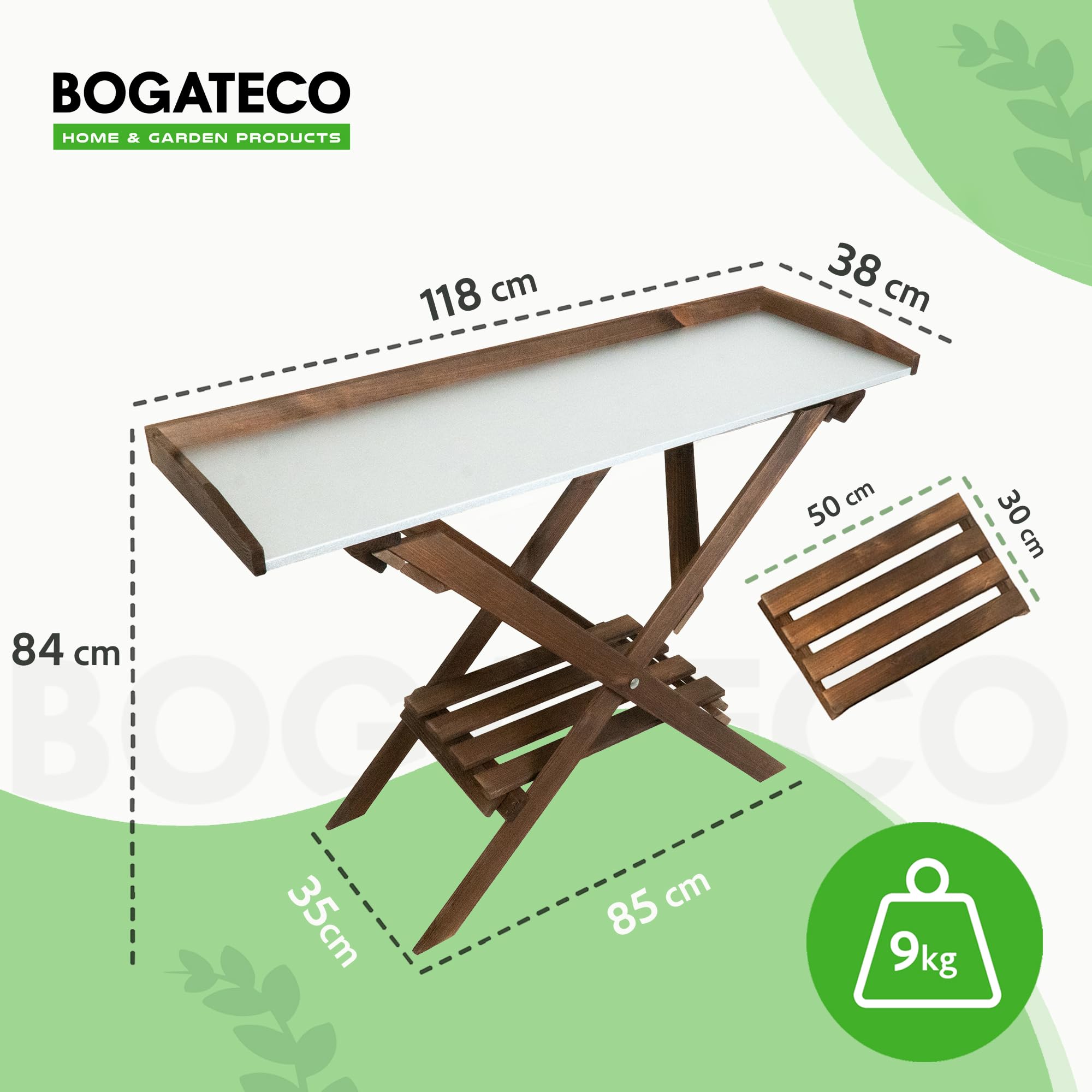 BOGATECO Pflanztisch 118 x 84 x 38cm mit Arbeitsplatte aus Metall | Klapptisch imprägnierter Blumentisch Outdoor Gärtnertisch mit Regal Gartenarbeitstisch Wetterfest
