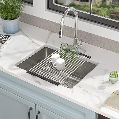 Miniatura 4 de Fregadero de cocina de 27 pulgadas x 18 pulgadas, de acero inoxidable de calibre 16, fregadero profundo de acero inoxidable con accesorios