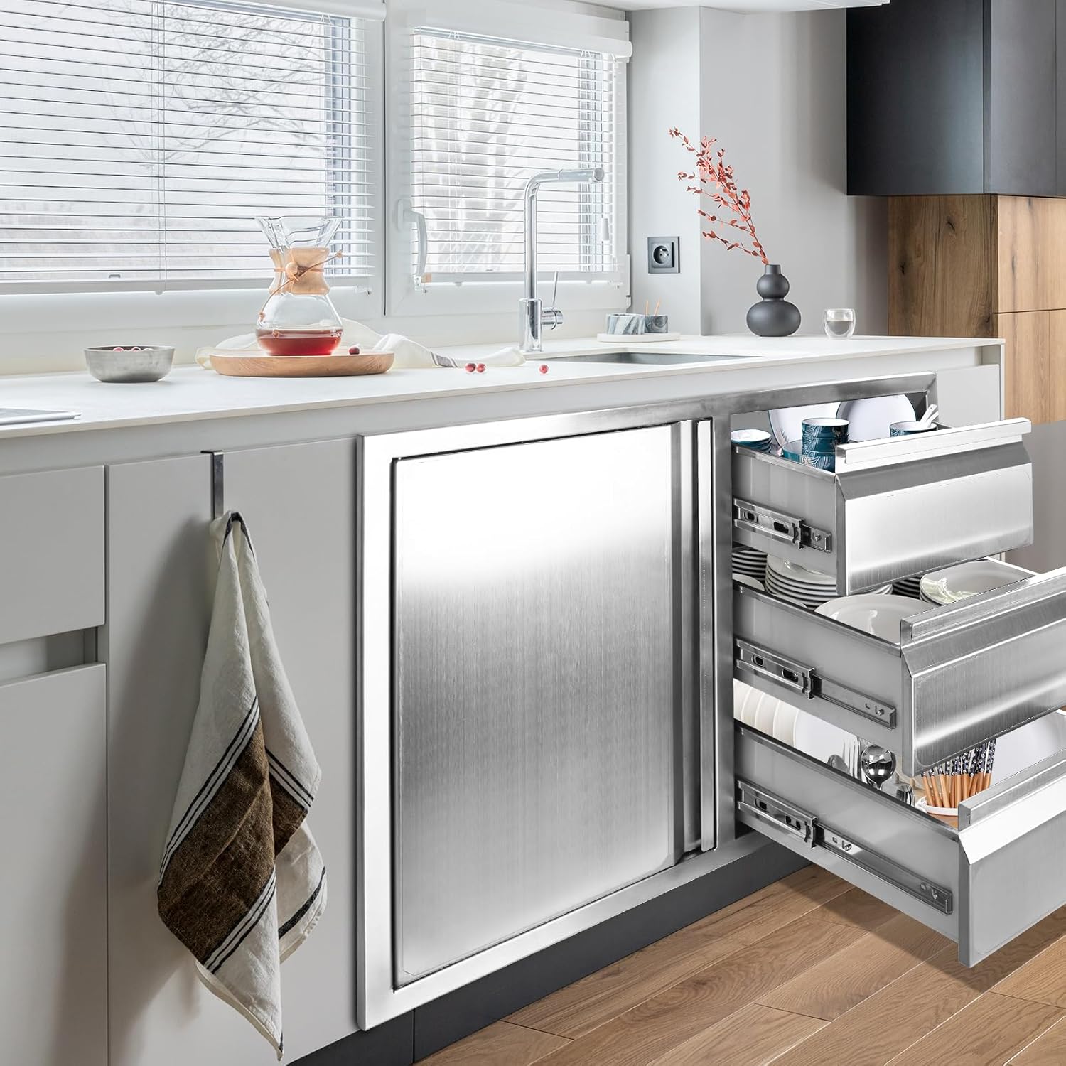 Outdoor Kitchen Drawer Combo, Stainless Steel Sealed Storage Combo with Triple Drawer, Outdoor Kitchen for BBQ Island, Grilling Station, Outside Cabinet (27.8" W x 21.8" D x 19.6" H)（Right Drawer）