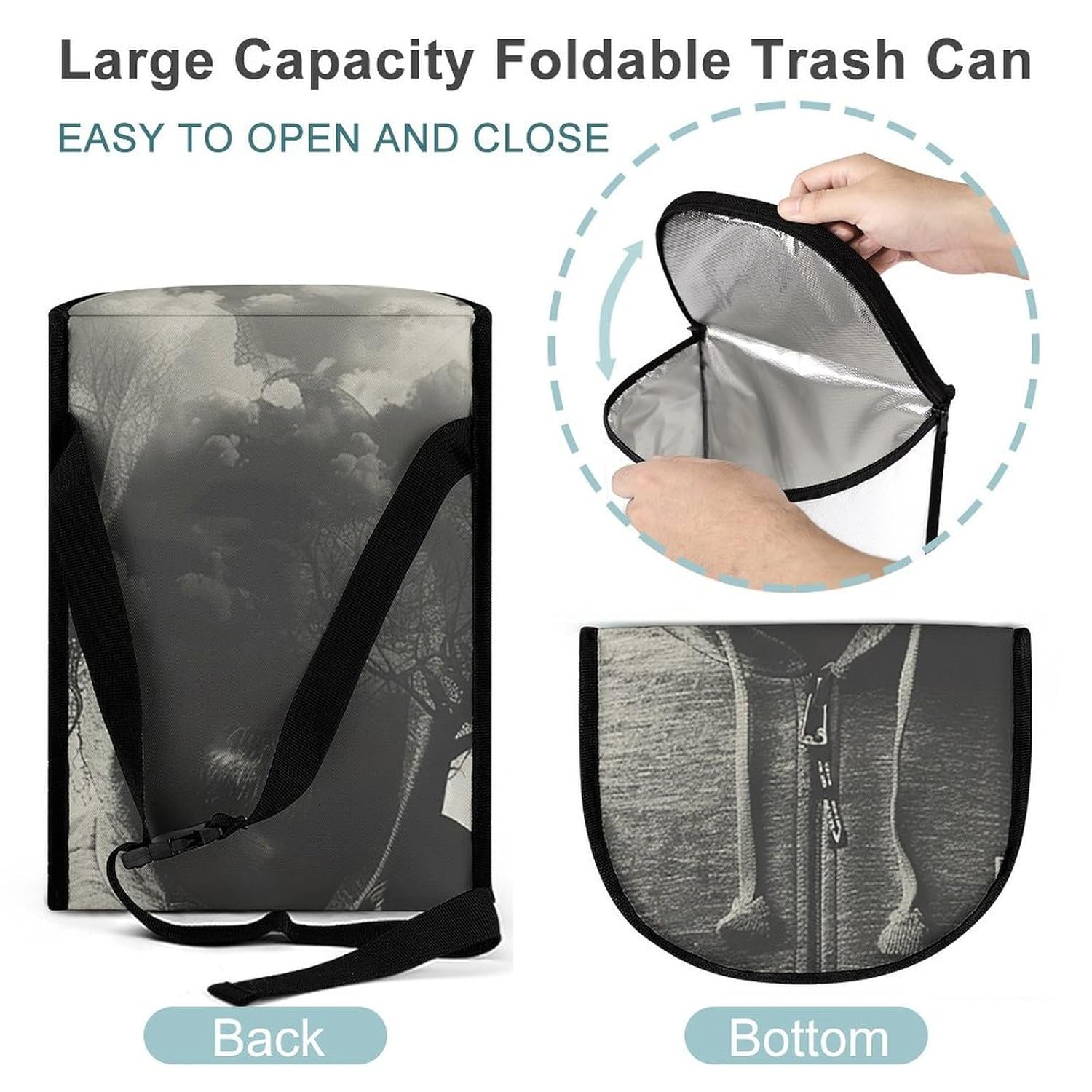 MUSM Leakproof Car Trash Can 2.5 Gallon, Durable Automotive Garbage Bag with Waterproof Liner, Man in Hoodie Trash Bag for Car, Truck, RV & Bathroom