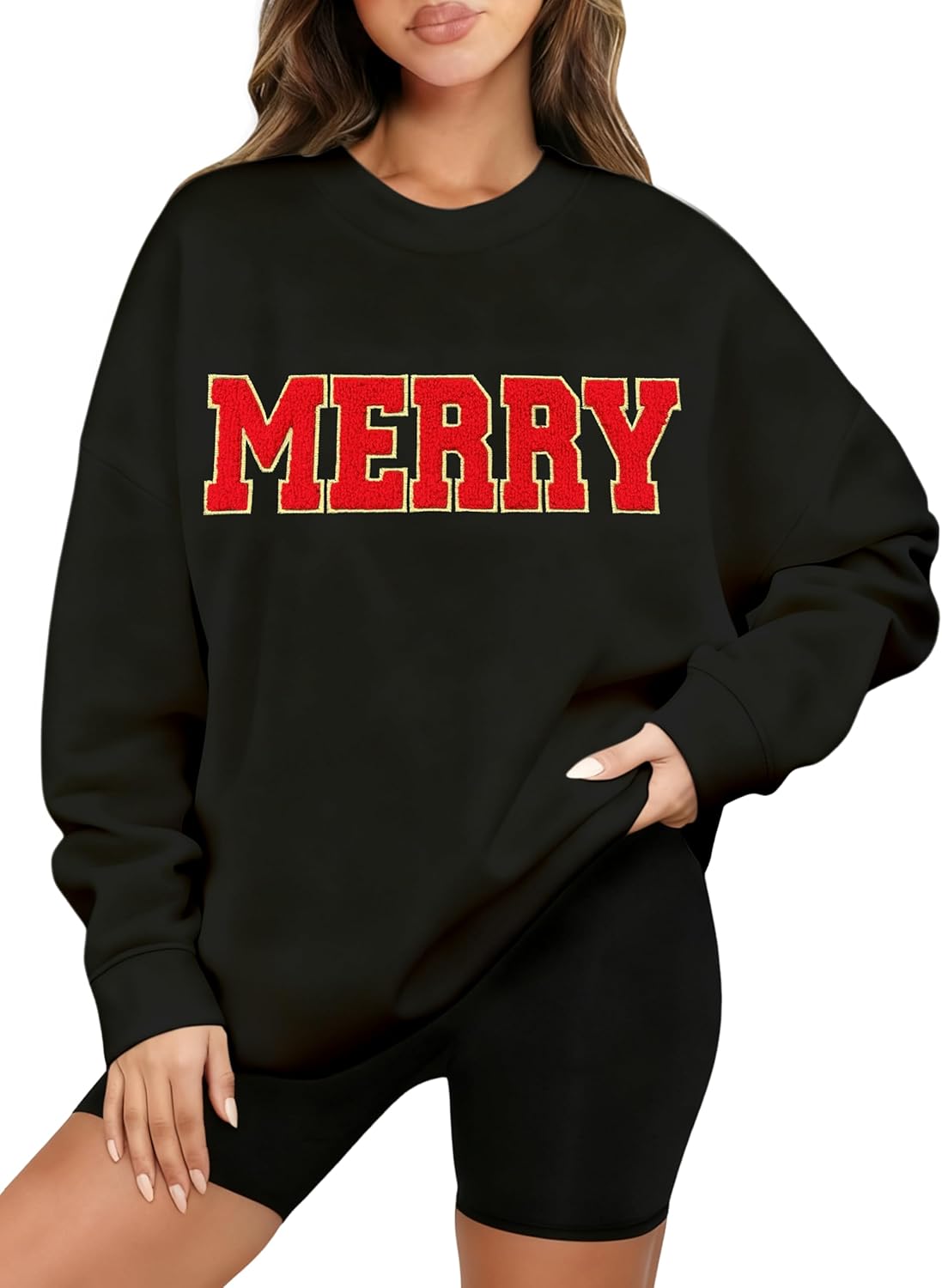 Merry Christmas Sweatshirts Women Fleece Oversized Pullover Merry Letter Chenille Patch Xmas Sweater