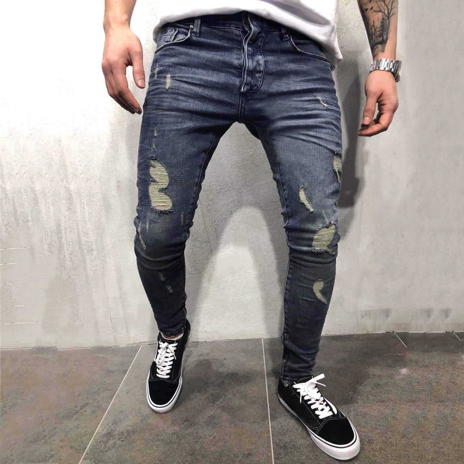 MILAX Jeans skinny da uomo Destroyed Ripped strappati, slim fit, stretch stretch con cerniera alla caviglia strappata per jeans da uomo