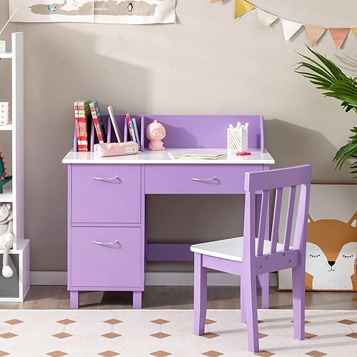 Miniatura 8 de Costzon Juego de escritorio y silla para niños, mesa de aprendizaje escolar de madera con cajón y gabinetes de almacenamiento, estación de trabajo
