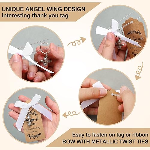 Miniatura 2 de Sureio 40 juegos de llaveros de ángel, regalos de bautismo, llaveros plateados con dije de ángel con etiquetas de agradecimiento y lazos blancos,