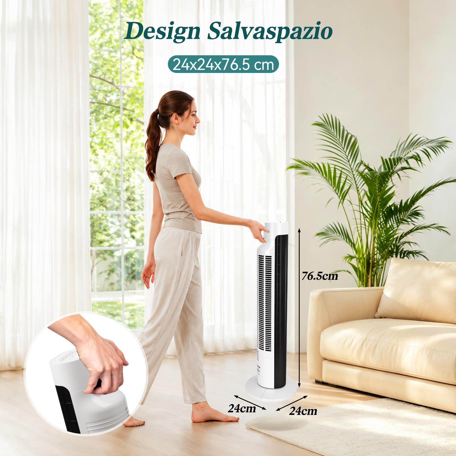 Aigostar Ben 33JTS Ventilatore a torre digitale con timer. 3 modalità di velocità e motore da 45W. Oscillazione a 85°. Altezza di 76cm e cavo da 1,8M