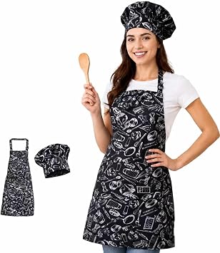 Pack of 2 Cooking Aprons with Chef's Hat Kitchen Aprons with 2 Pockets Adjustable Apron for Kitchen Baking Crafts Grtnern and Barbecue