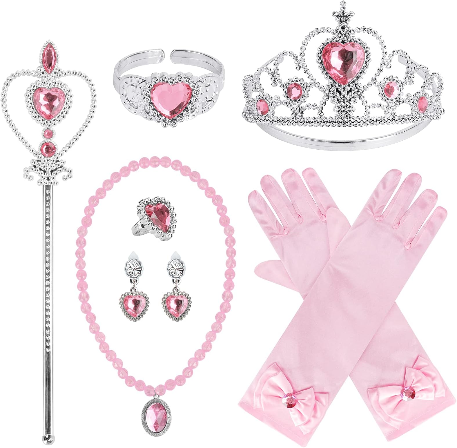 Princess Dress Up Party Accessories for Princess Costume Gloves Tiara Wand Necklace Earrings Bracelet and Ring Gift Set 9pcs (Pink, Set of 7, 9pcs)
