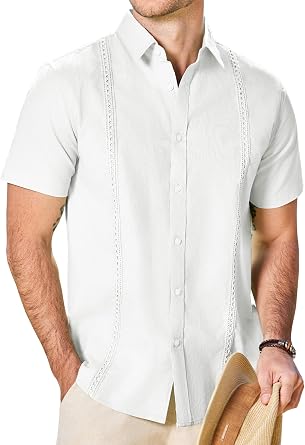 JEMLDL Mens Cuban Guayabera Short Sleeve Shirt Button Down Linen Cotton Casual Summer Beach Shirts