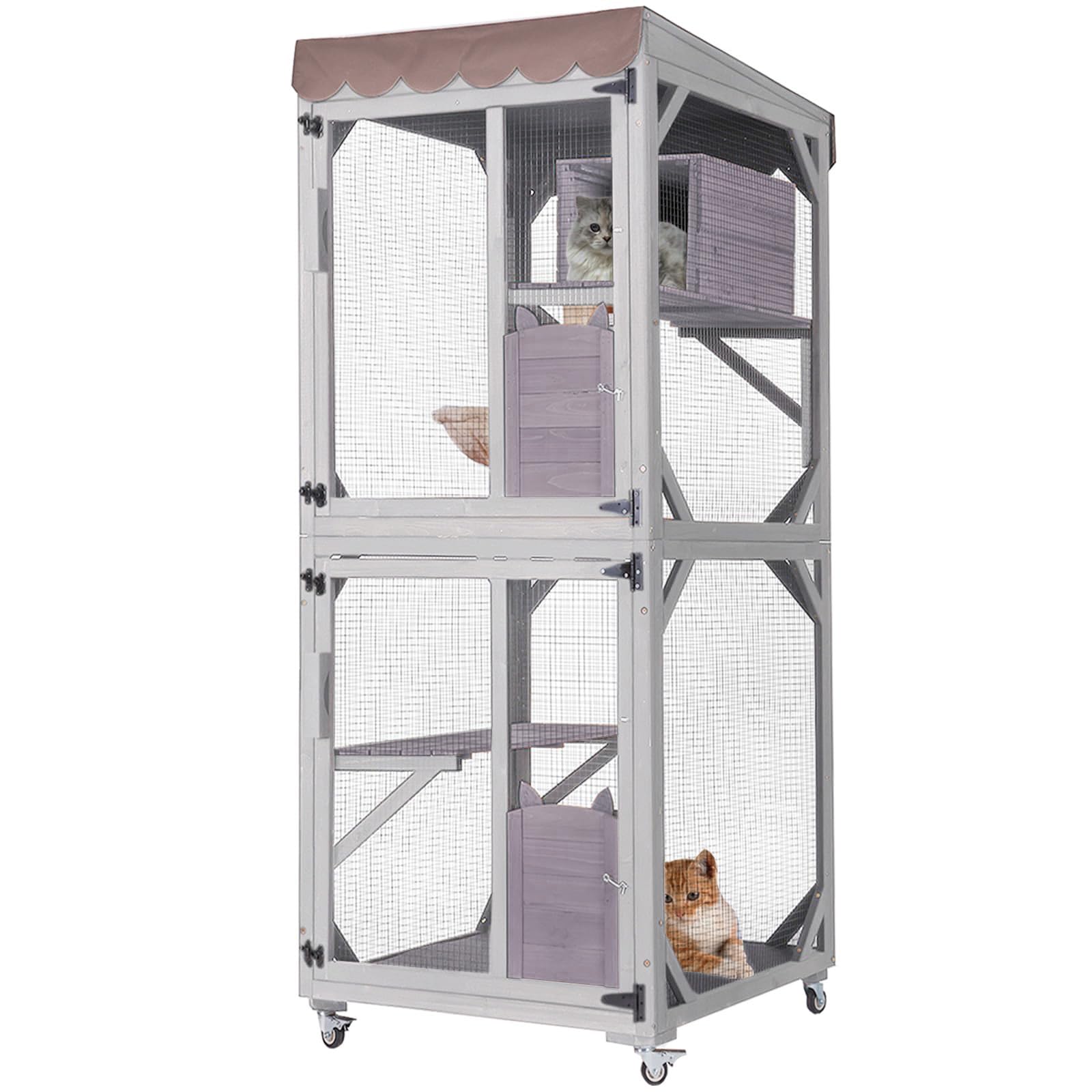 Seiyierr Catio - Jaula para gatos de 66 pulgadas H con ruedas, techo impermeable, estilo rascador y hamaca, jaula para gatos al aire libre, capa de PVC (gris)