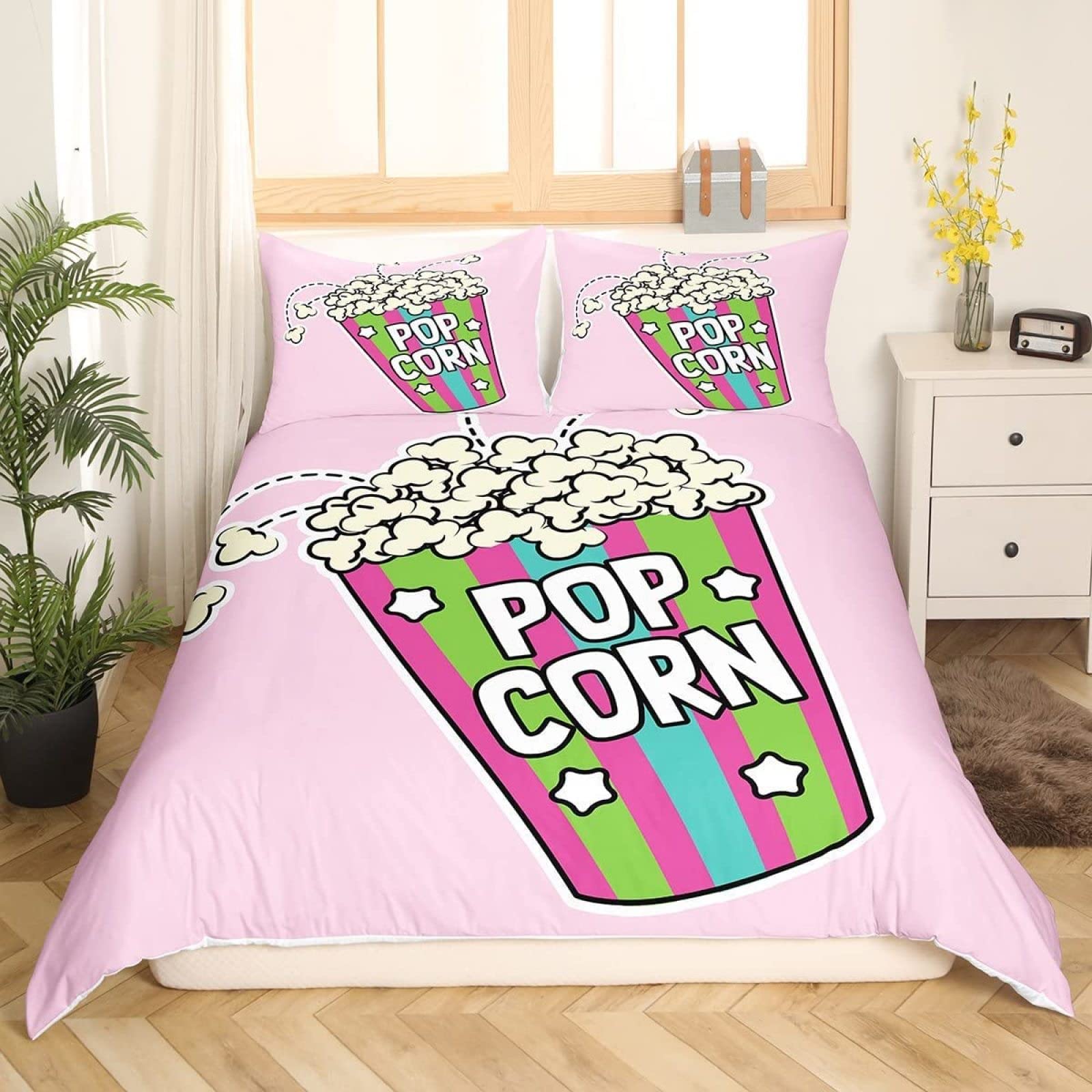 TACOKI Popcorn Duvet Cover Set Soft Breathable Microfiber 3D Print Cartoon Bedding Sets Children Quilt Cover 155x200 cm + 2 Pillowcases 50x75 cm with Zipper Closure