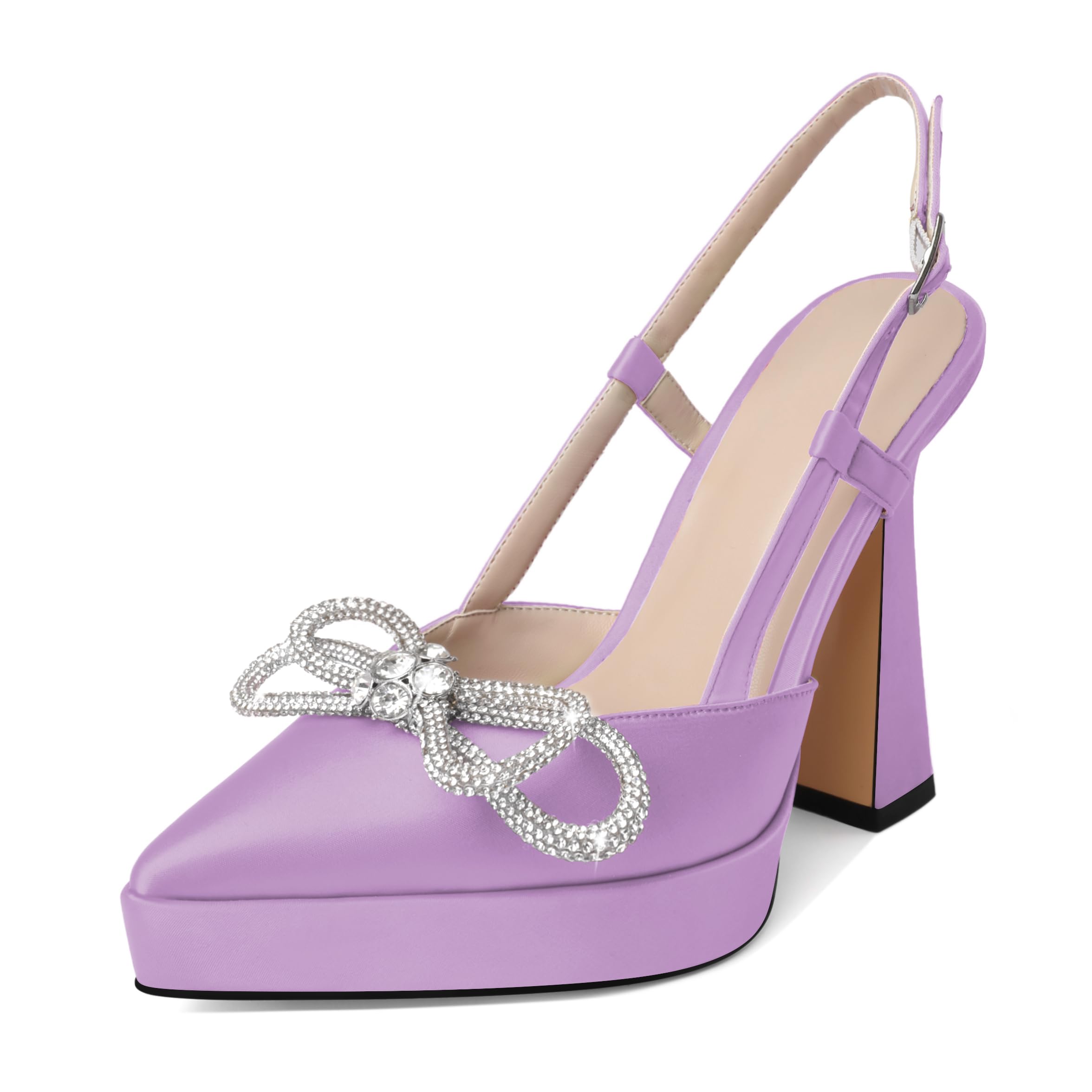 Joseywade Rhinstone Bow Heels for Women Slingback Chunky High Heel Pumps Platform Heels 5 Inch Wedding Bridal Dress Shoes