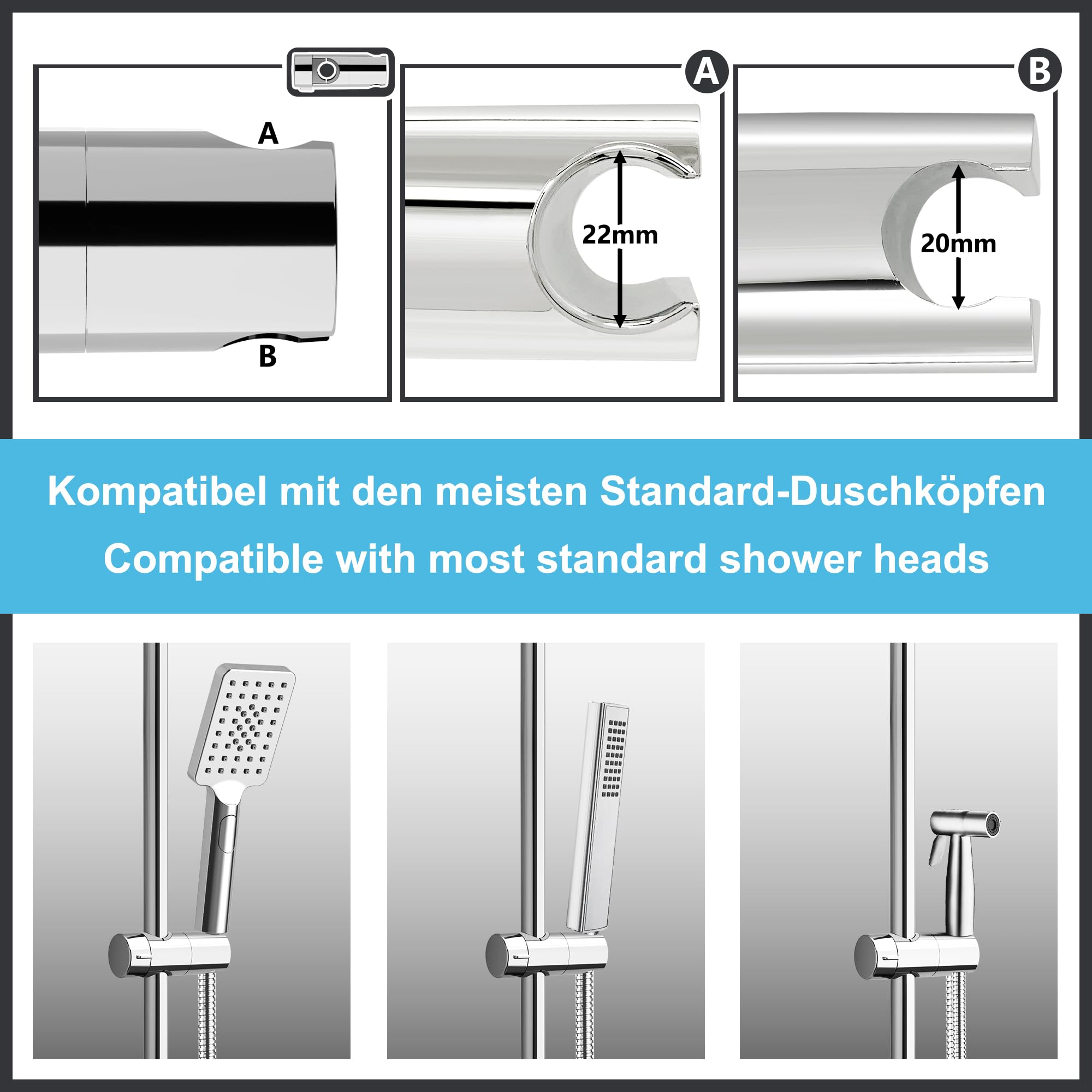 JOHO Barre de douche en acier inoxydable, Colonne de douche avec Support mural réglable compatible avec les trous de perçage existants, 91 cm avec support de douchette, Chromé