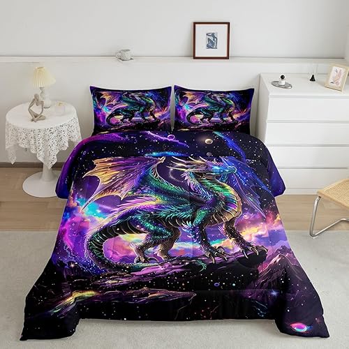 Miniatura 18 de Juego de edredón de dragón occidental, tamaño individual, juego de ropa de cama de relámpago, tsunami, desastre, olas del océano, decoración de Azul