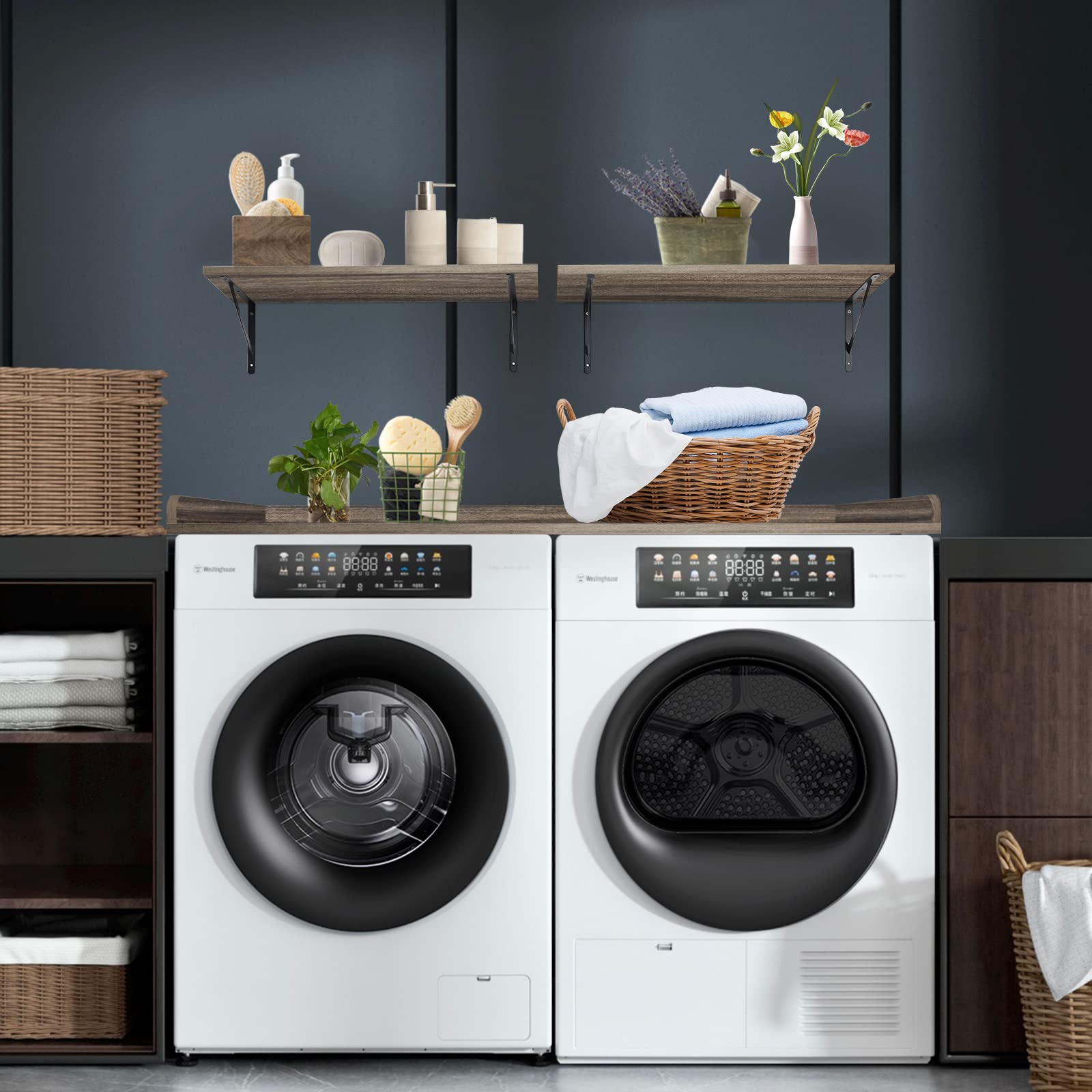 Kaboon Washer Dryer Countertop and Shelves Set, Melamine Countertop with Edge Rails - 27.5" Depth x 54" Width Laundry Room Organization, Eucalyptus/Dark Walnut