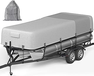 1600D+1200D Pontoon Boat Cover, Windproof Widened Straps for Trailerable & Mooring, Waterproof Anti-Tear Boat Cover with Storage Bag for Pontoon (Gray+Dark Gray, Length:25'-28' Beam Width: up to 102")