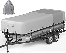 1600D+1200D Pontoon Boat Cover, Windproof Widened Straps for Trailerable & Mooring, Waterproof Anti-Tear Boat Cover with Storage Bag for Pontoon (Gray+Dark Gray, Length:25'-28' Beam Width: up to 102")