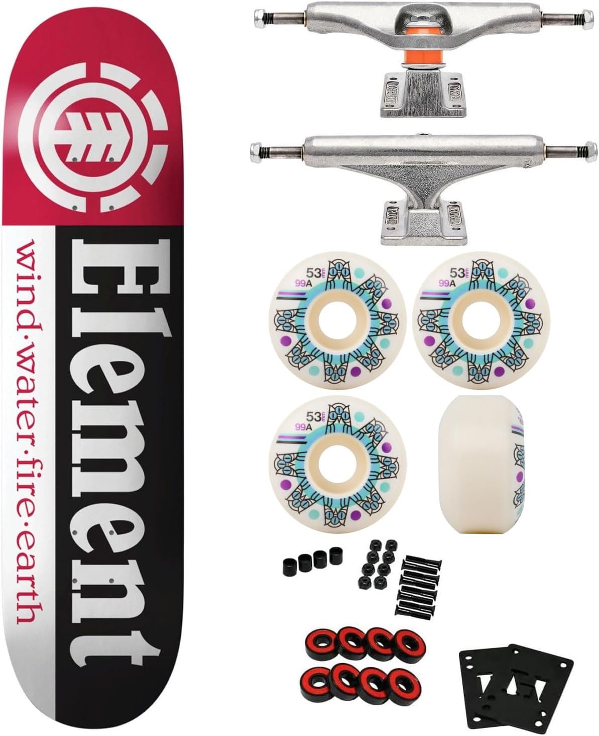 Professional Skateboard Complete with Element Section 8.0" Deck, Independent 139 Trucks, 53mm Triclops Wheels, Bearings, Hardware, Risers, and Griptape