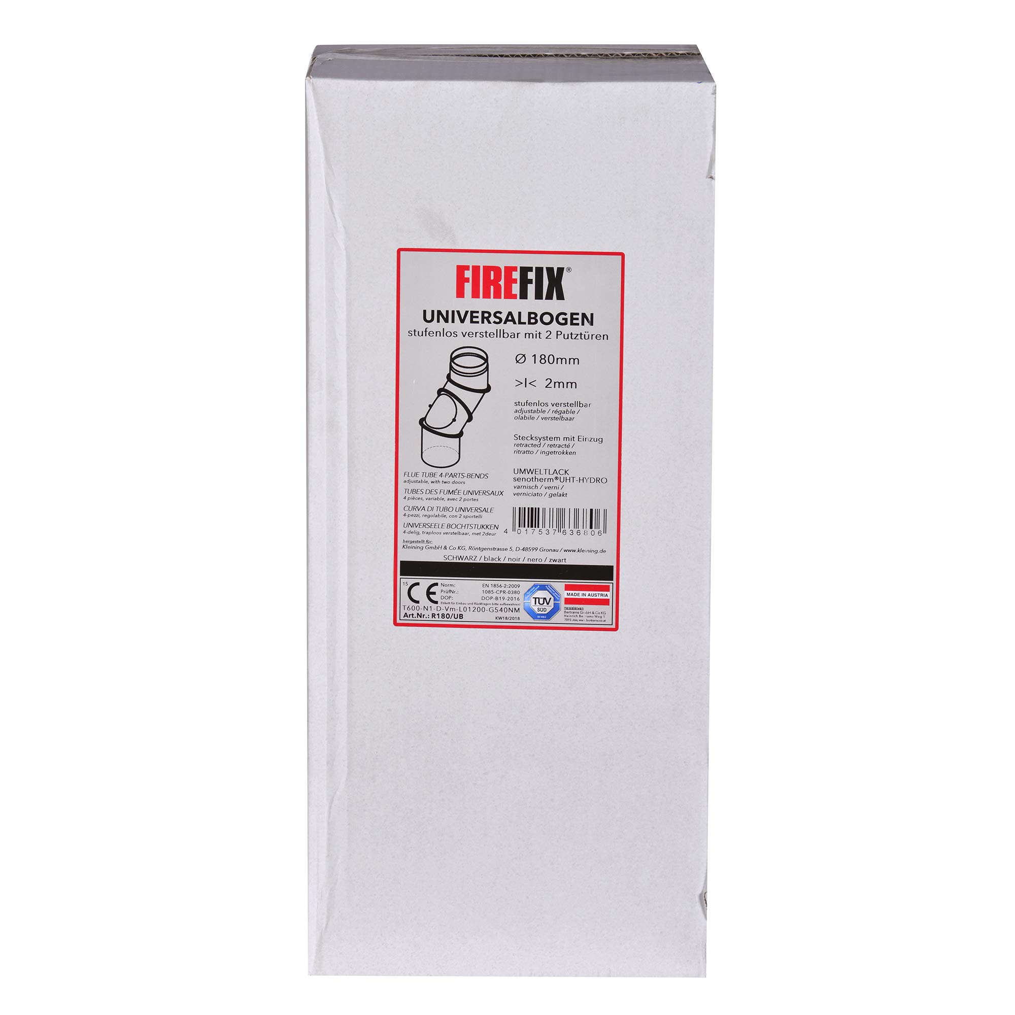 Tubo a gomito universale in acciaio spesso 2 mm (tubo fumo) con diametro di 180 mm, per stufe e fuochi da camino, Senotherm, nero, regolabile a 0 – 90 gradi, con due porte di pulizia