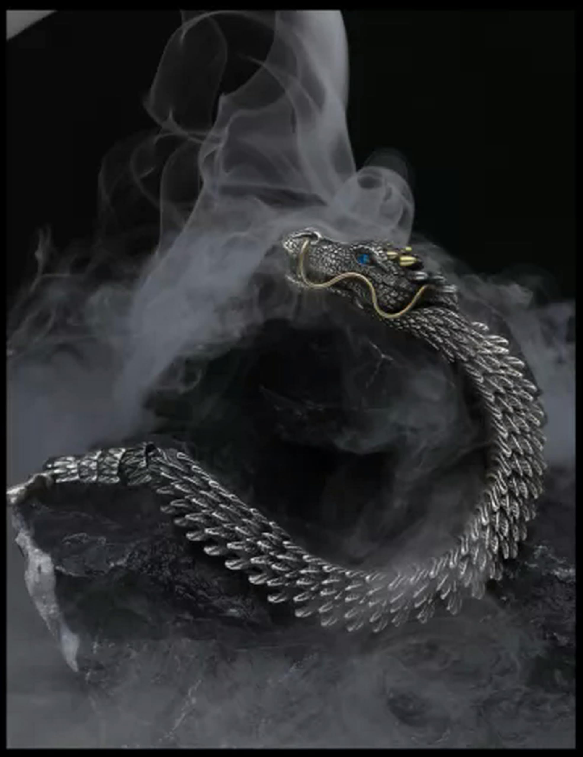 Bracciale Vichingo in Argento 925 con Drago/Serpente, Regalo da Uomo, Bracciale Rigido con Serpente da 20 cm