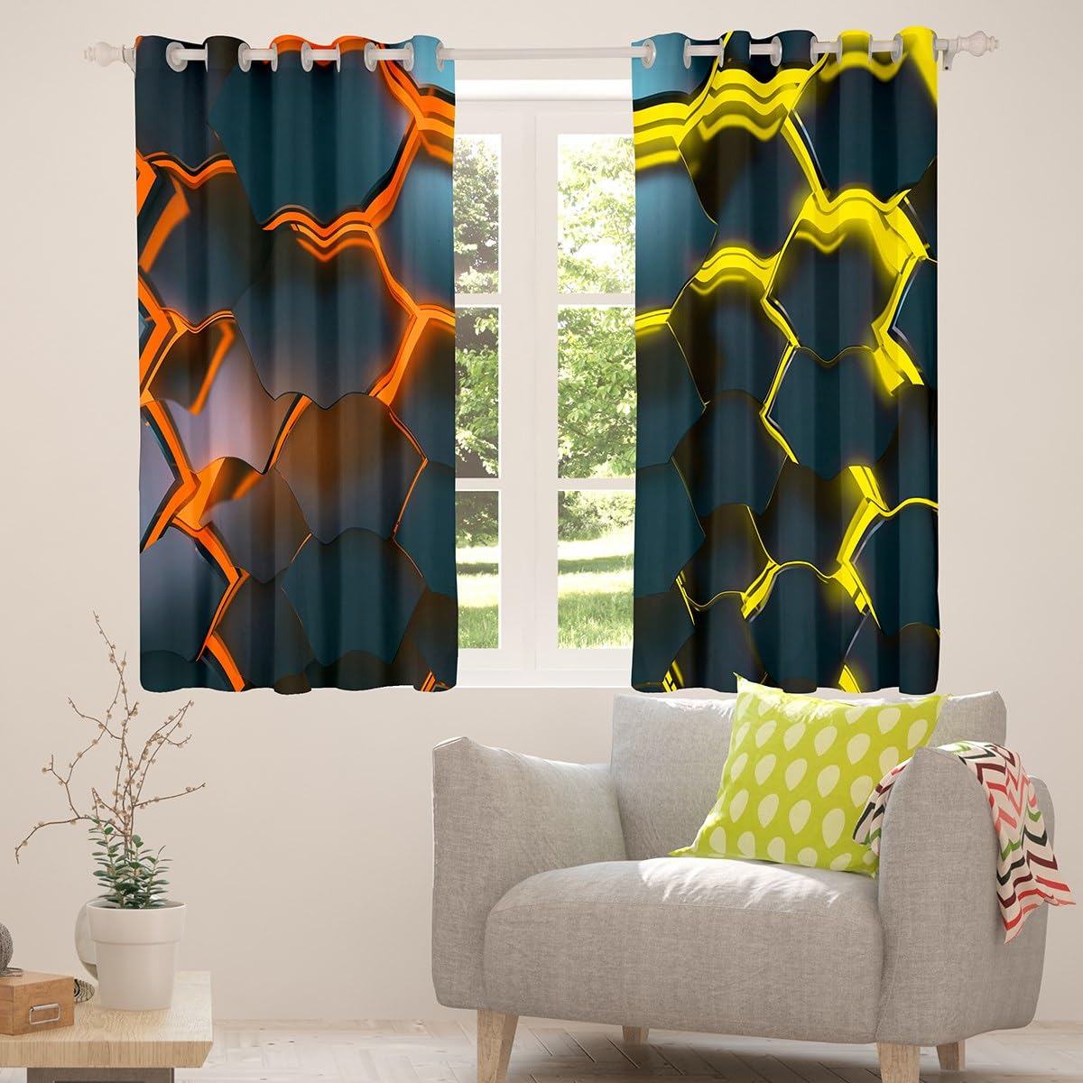 Honeycomb Fenster Vorhänge, Hexagon Gelb Orange Neon Lichter Küche Fenster Behandlungen, 3D Fenster Vorhänge für Zuhause, 2 Platten, L Größe,Guter Schattierungseffekt