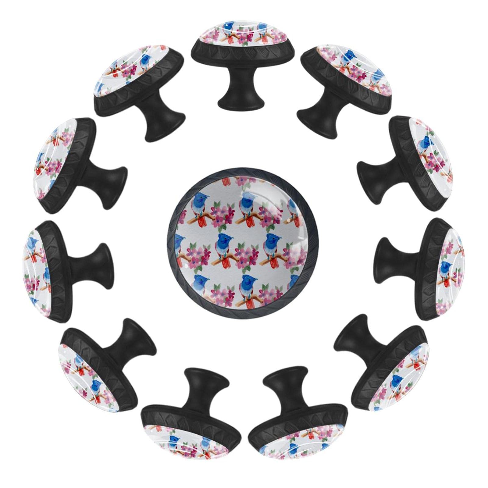 Boutons de tiroir oiseaux et fleurs roses 35mm pour commode de chambre d'enfant | Lot de 12