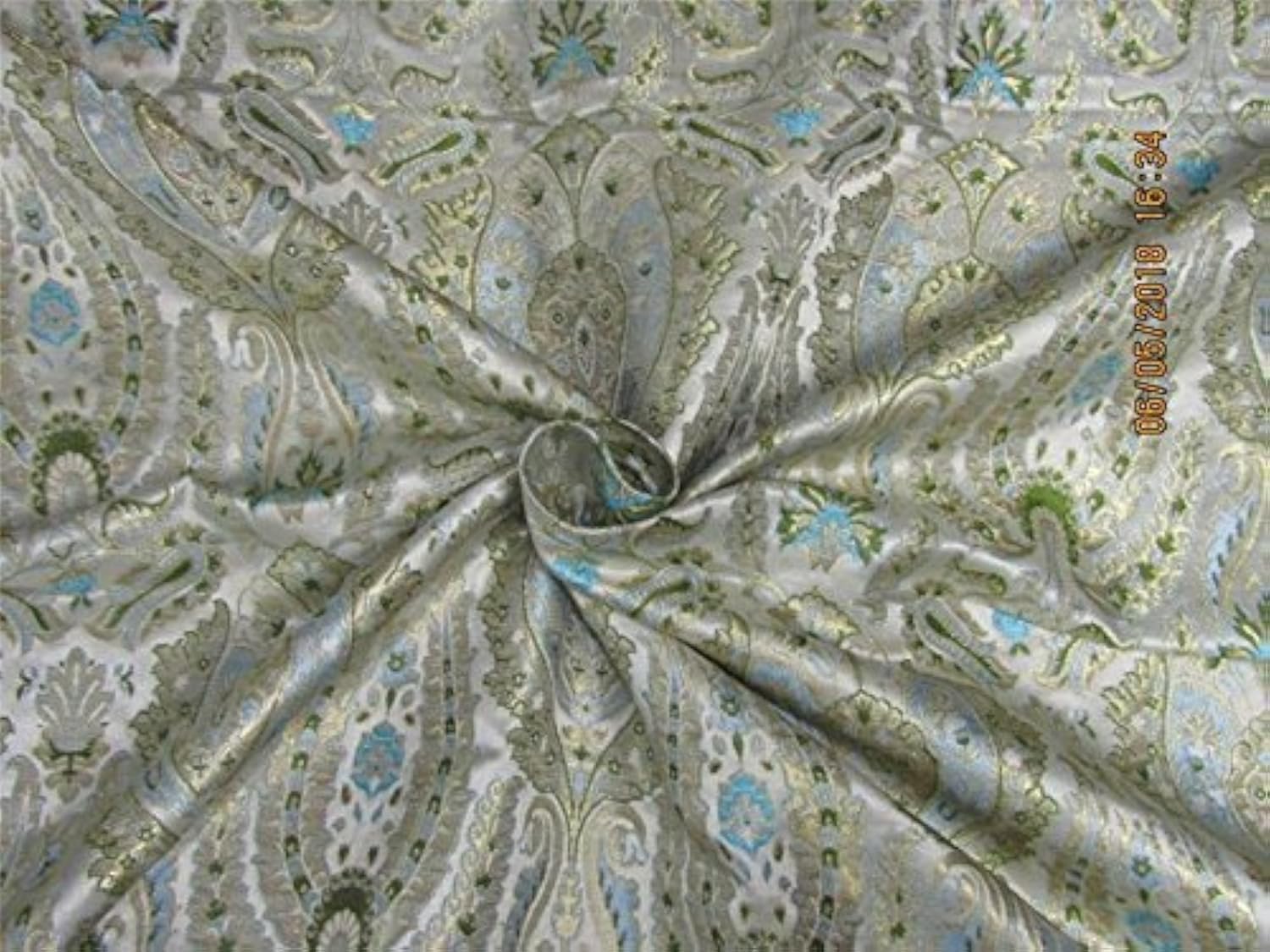 Brocade Tissu Ivoire Bleu Vert Doré 91cm Bro587 pour haute couture