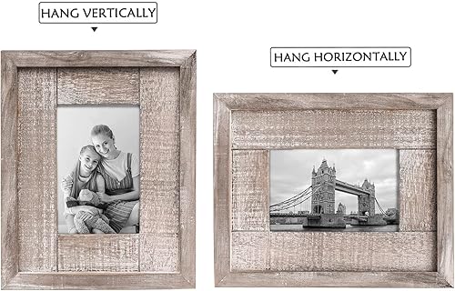 Miniatura 4 de Adeco Marcos de fotos de madera rústica hechos a mano con cristal real para mostrar fotos de 4 x 6 pulgadas para colgar en la pared y mesa, color