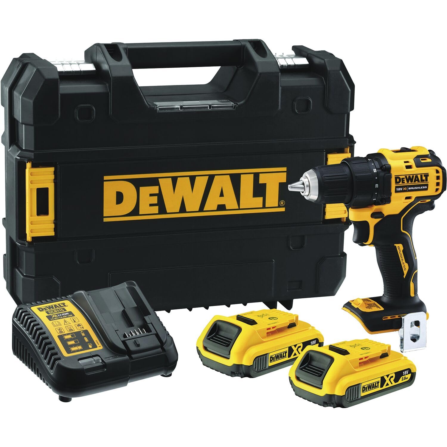 18V XR Brushless Drill Driver with 2 2Ah Lithium Ion batteries and charger, DCD708D2T-QW
