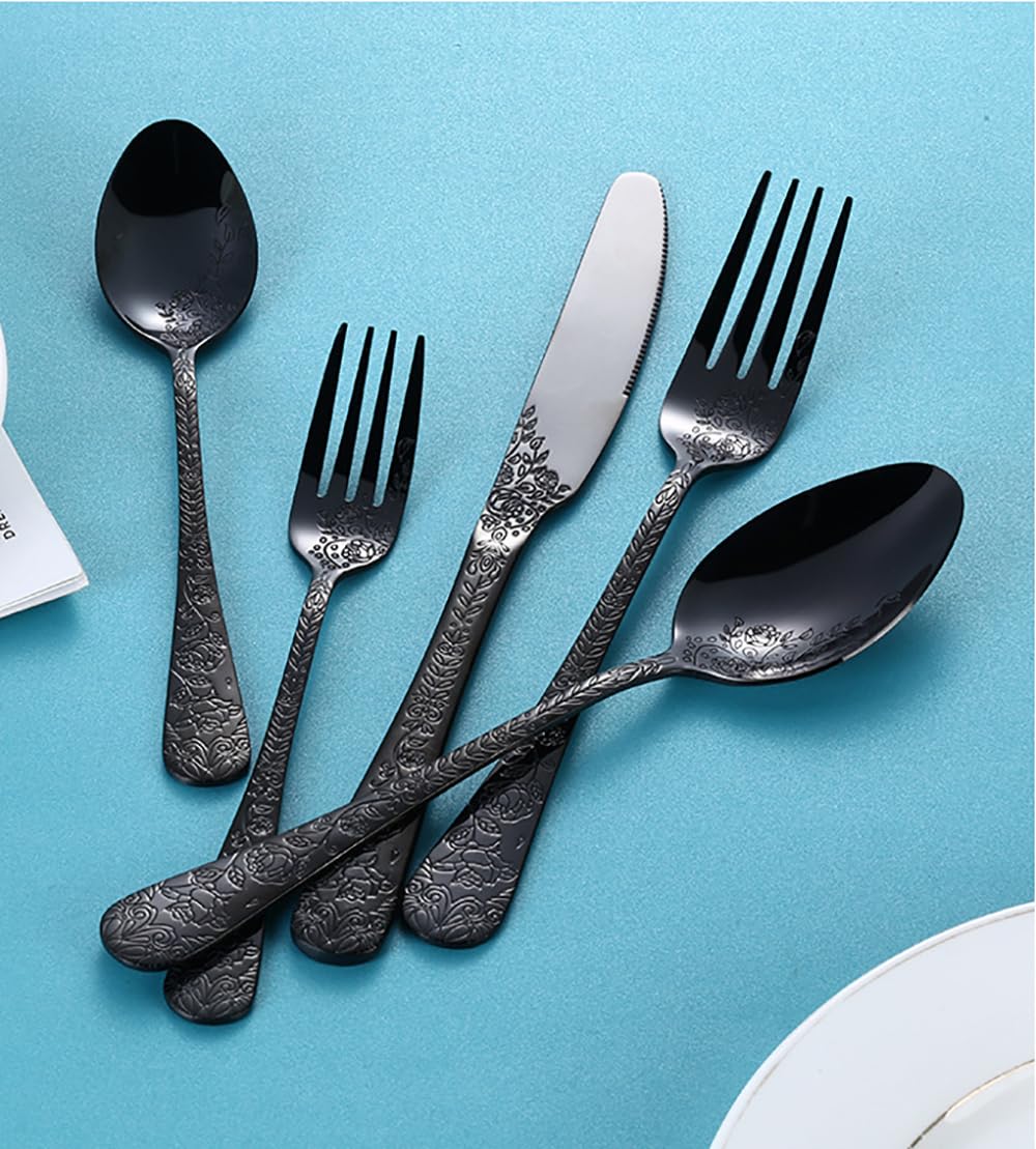 Silverware Flatware Set Black for 6 Stainless Steel 30 Piece Mirror Dinner Forks Knifes Spoons Cutlery Unique Eating Utensils Tableware With Embossing Flower Handle Festival Parties Black