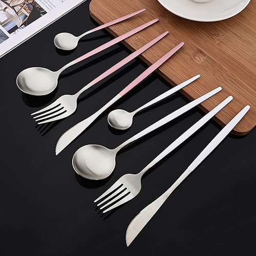 Miniatura 5 de JASHII Juego de 40 cubiertos de color rosa mate y plateado, juego de cubiertos de acero inoxidable para 8 personas, incluye cucharadas de tenedor