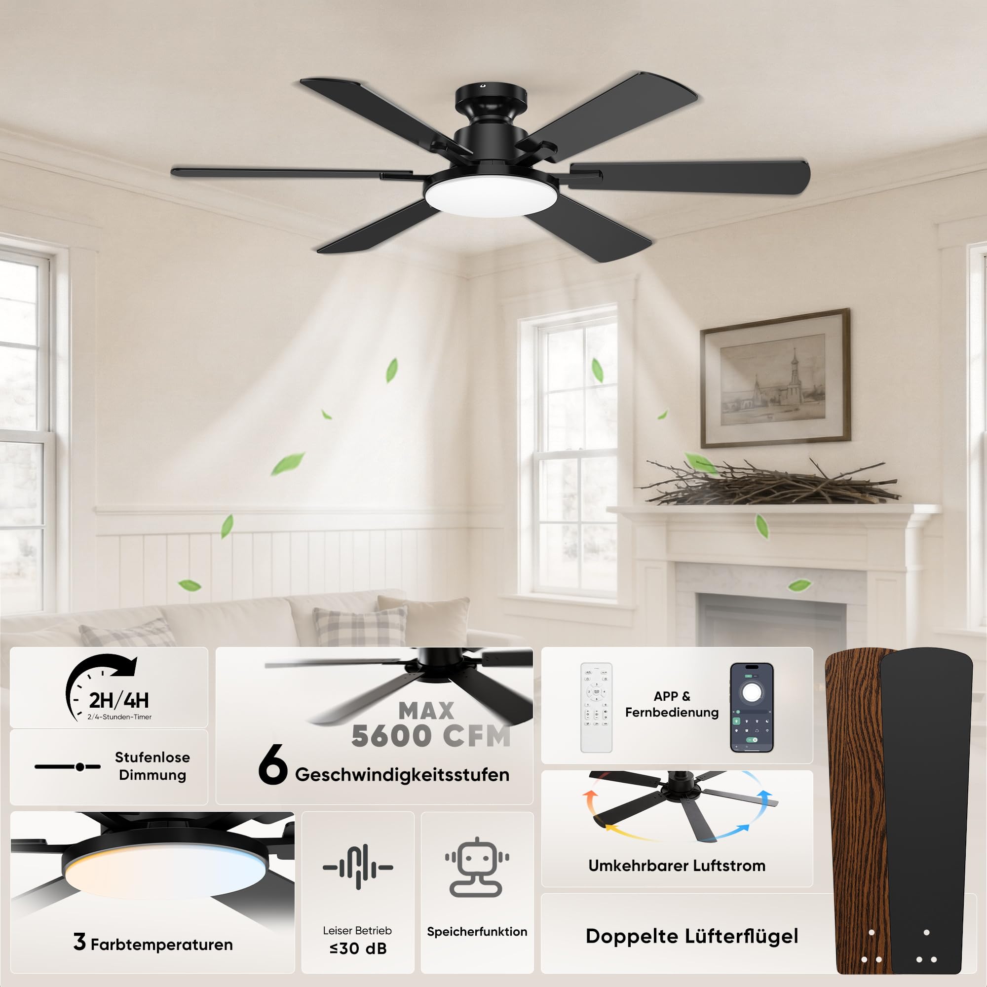 ROTTOGOON Deckenventilator mit Beleuchtung 132cm Leise Reversible DC Motor | Deckenventilator mit licht und fernbedienung, 6 Flügel 6 Gänge, 3CCT, Doppelseitige Flügel für Schlafzimmer Wohnzimmer