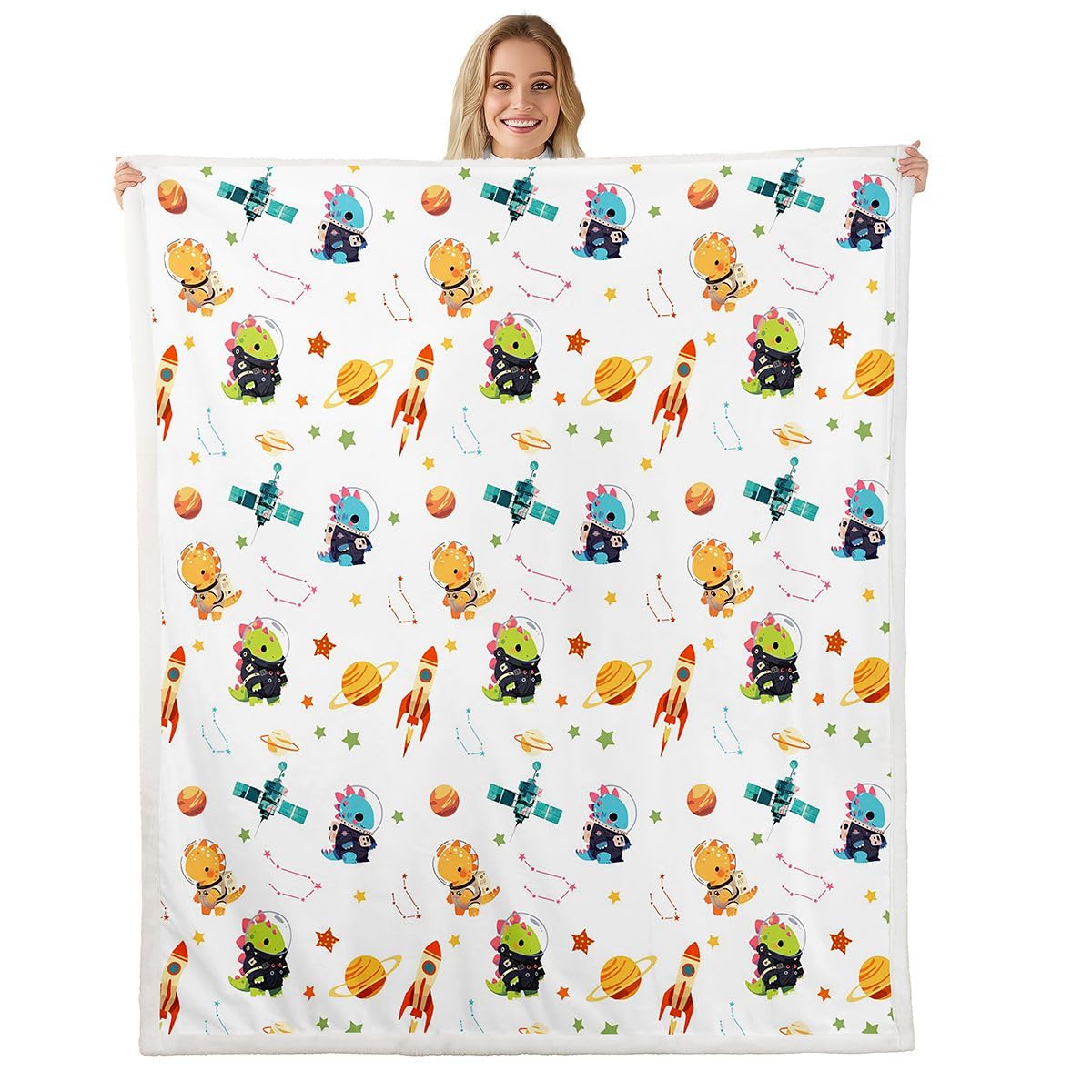 Couverture pour enfants motif dinosaure et galaxie jaune vert 101,6 x 127 cm