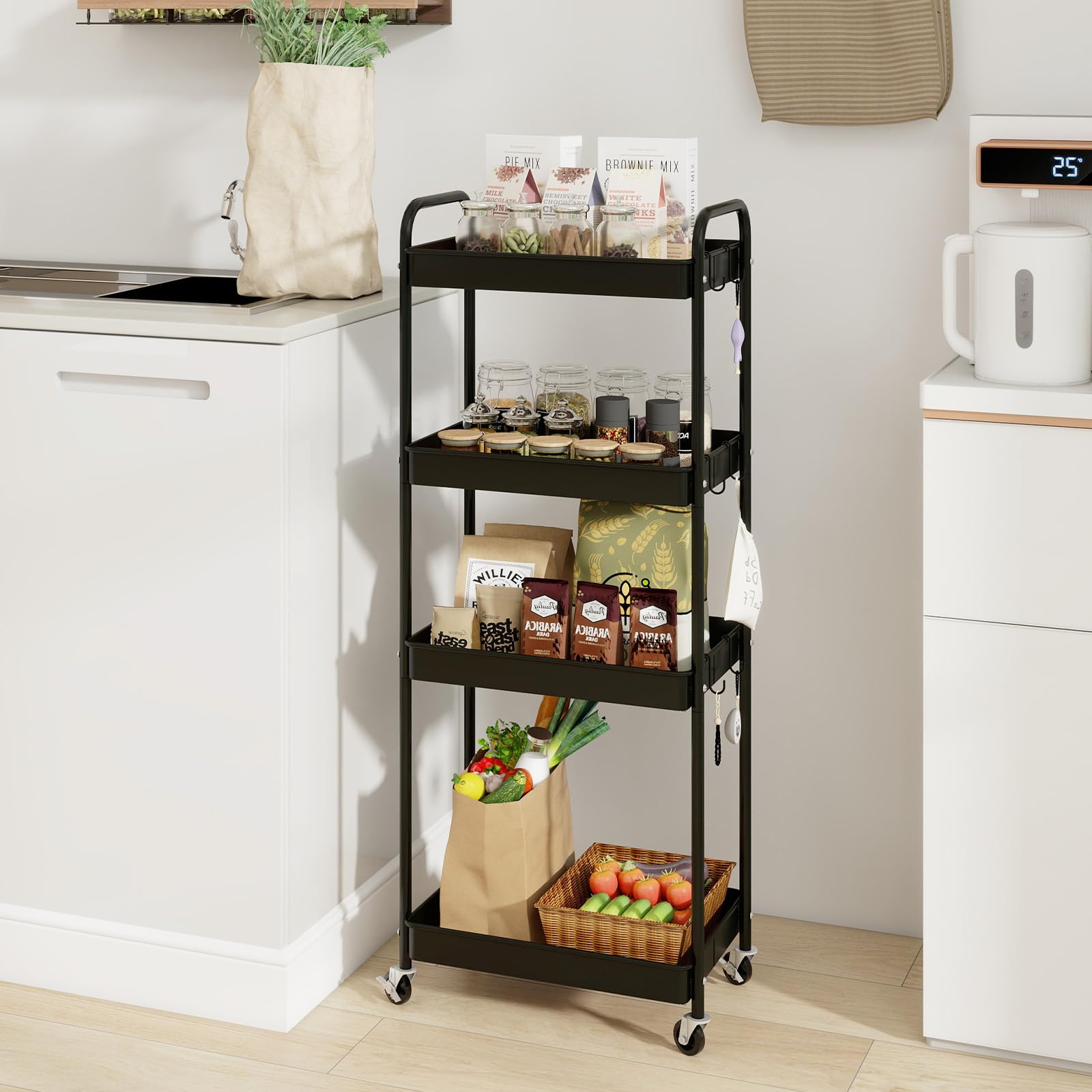 PUNCIA Carrello Portaoggetti a 4 Ripiani in Metallo, Carrello con Rotelle, Etagiera da Cucina con Ruote e Antiruggine, Facile da Pulire, Scaffale Mobile per Cucina, Soggiorno e Bagno (Nero)